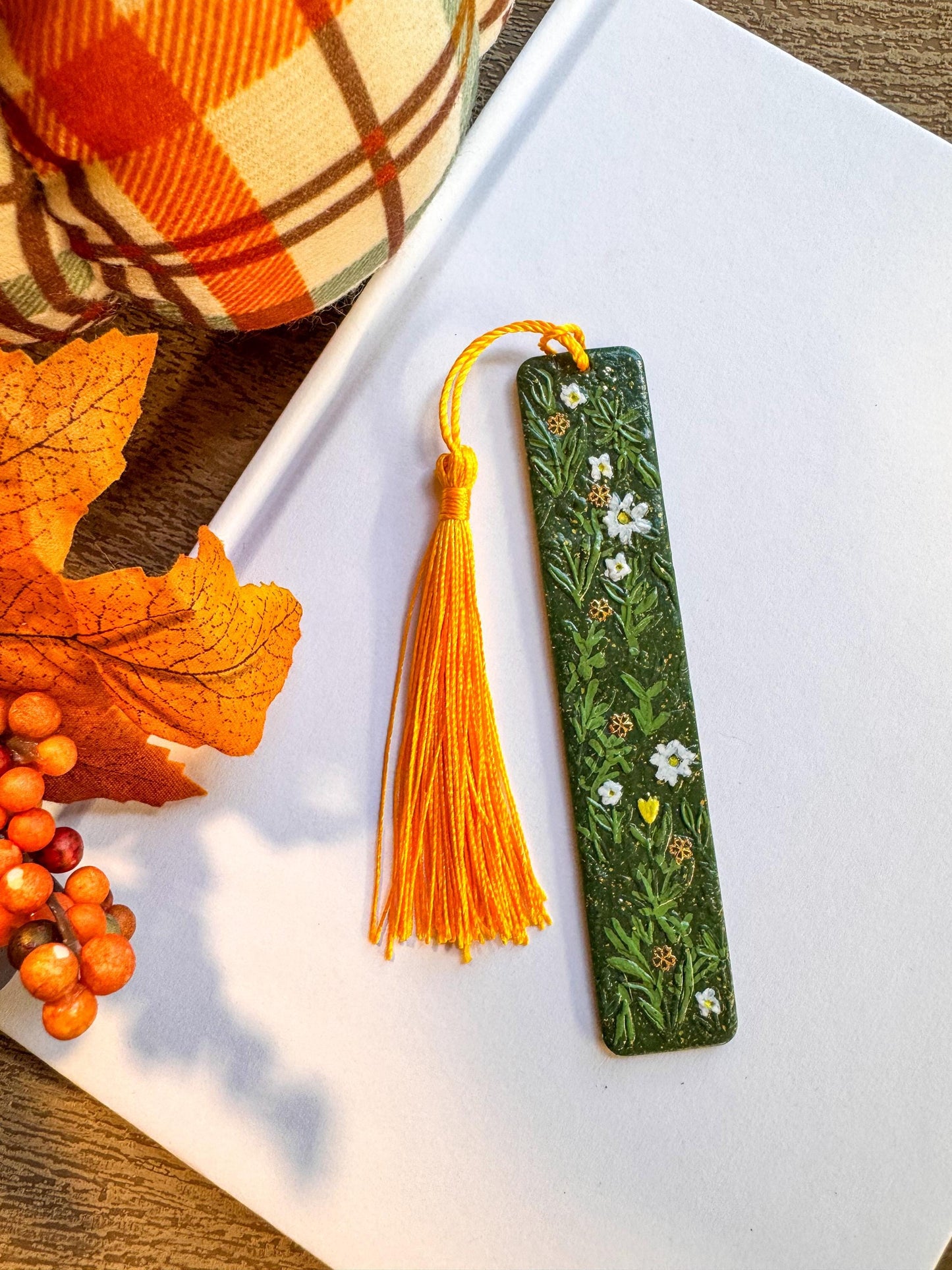 Polymer Clay Leaf and Flowet Bookmark, book lover gift,  book accessories, handmade reader gift, plant bookmark