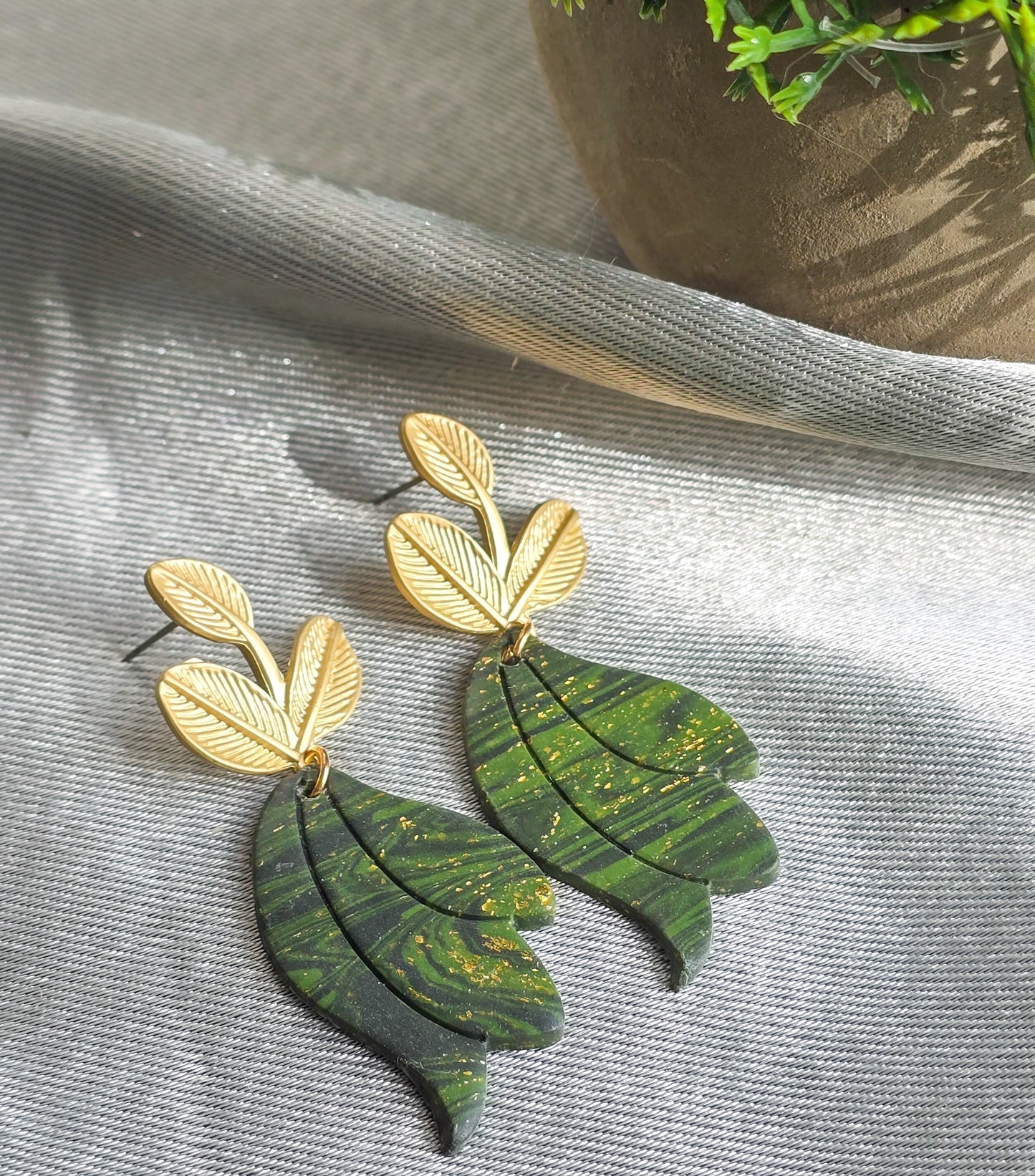 Polymer Clay dangle earrings, Green and brushed gold, dressy or casual jewelry