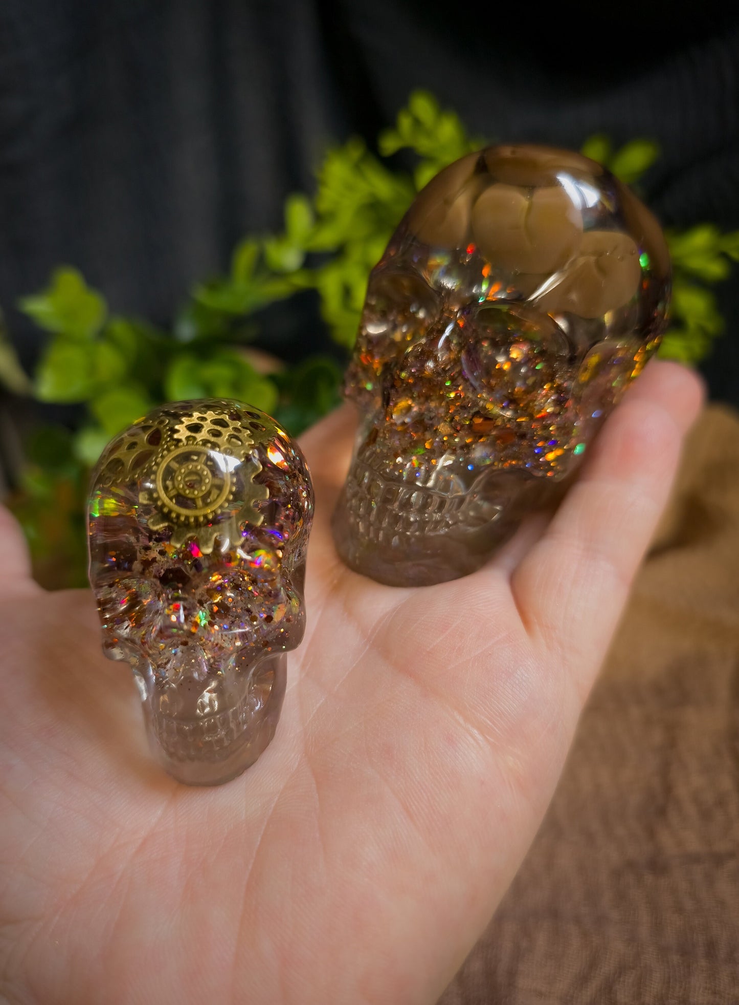 Steampunk Resin Skull with Coffee Bean Brains,  Quirky Desk Paperweight