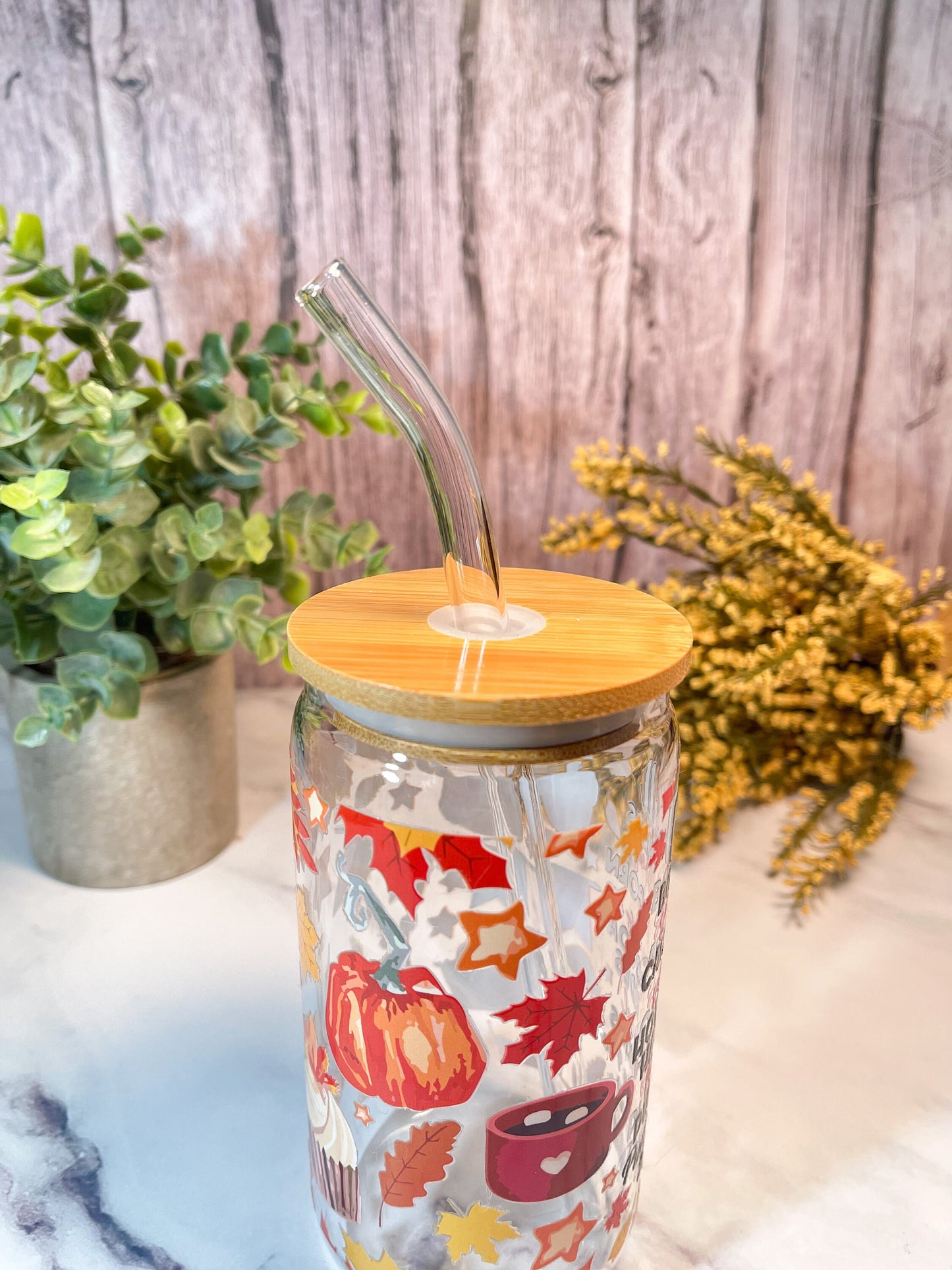 Fall 16 ounce glass with bamboo lid and glass straw