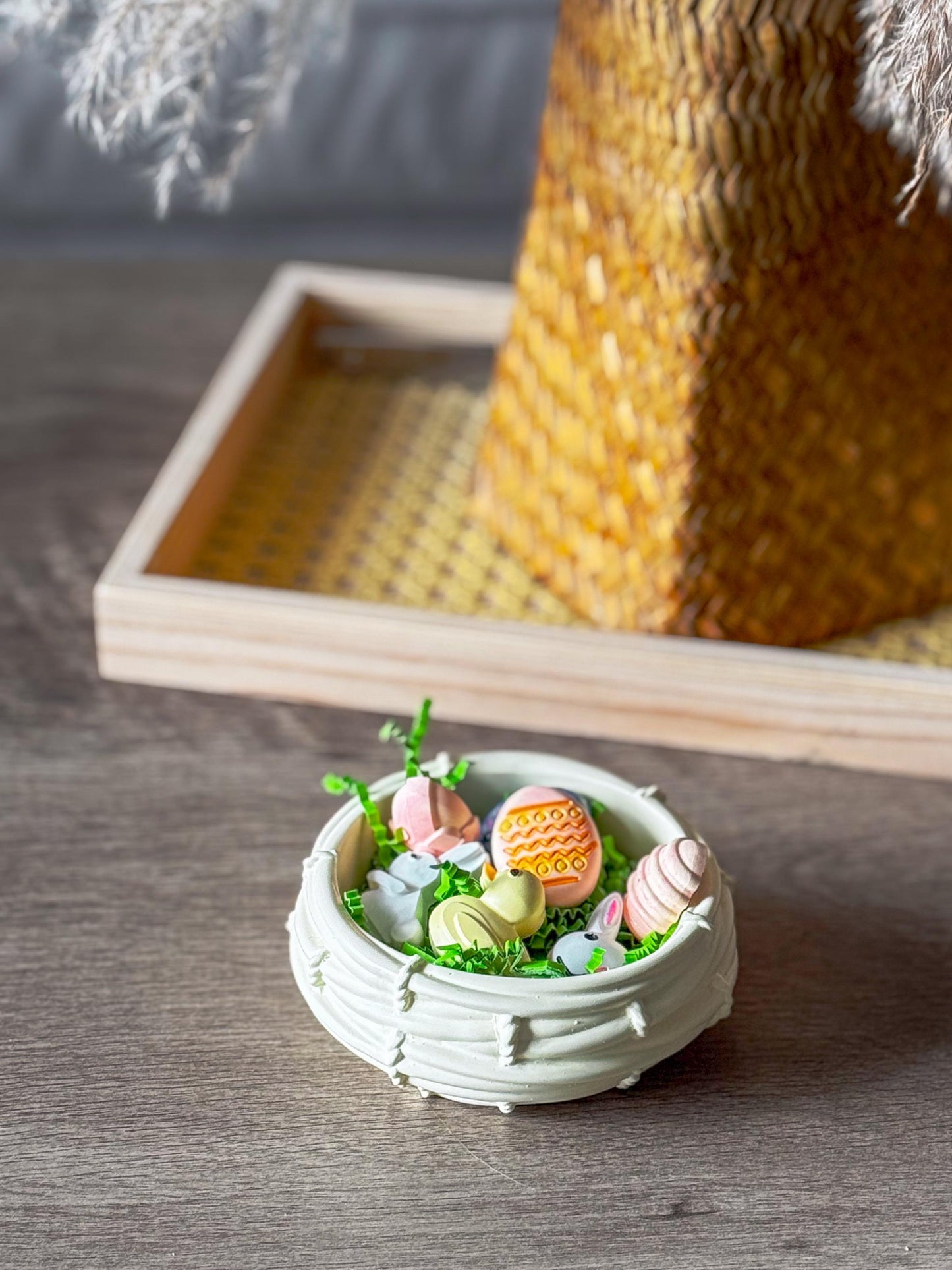 Easter Basket dish with mini bunny and decorated eggs