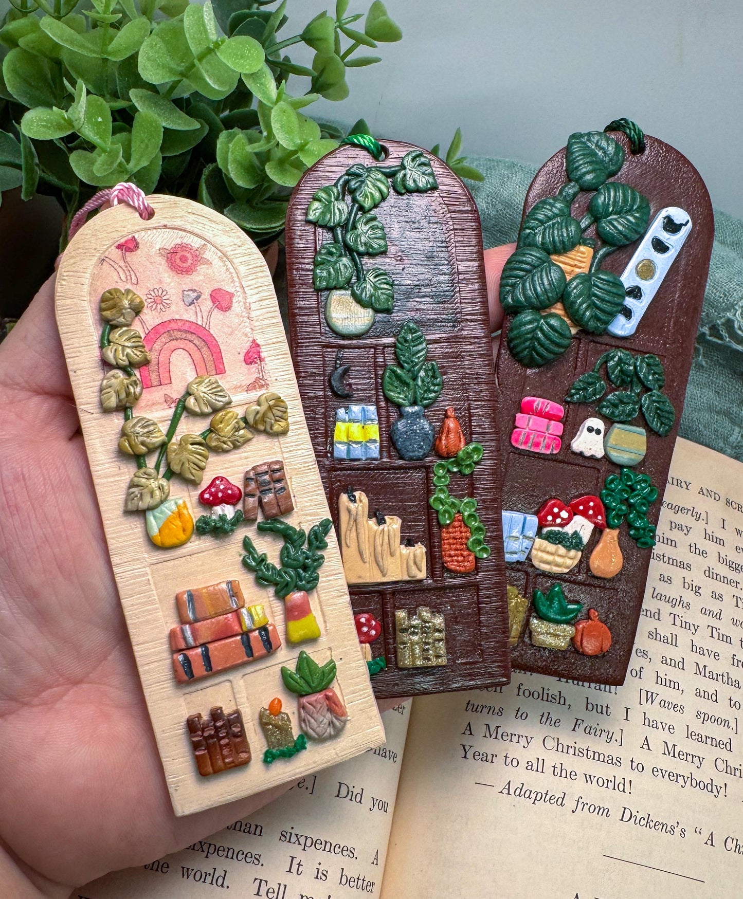 Polymer Clay Bookshelf Bookmark, book lover gift,  book accessories, handmade  reader gift, plant bookmark