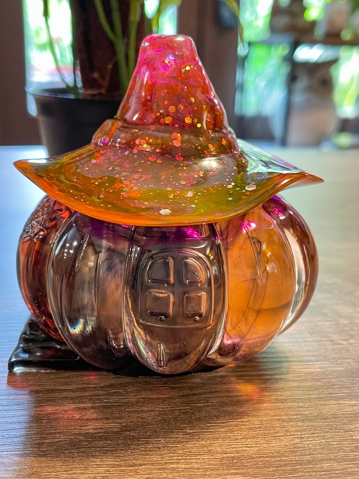 Light up Pumpkin Jar with witches hat, Halloween decoration, trinket jar, candy bowl