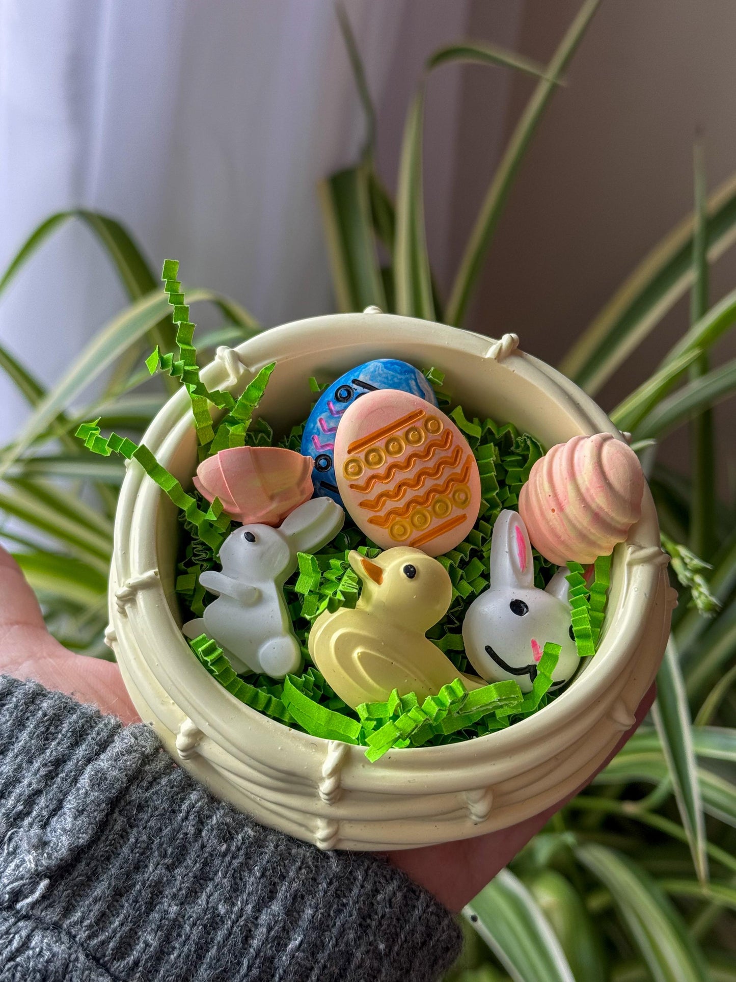 Easter Basket dish with mini bunny and decorated eggs