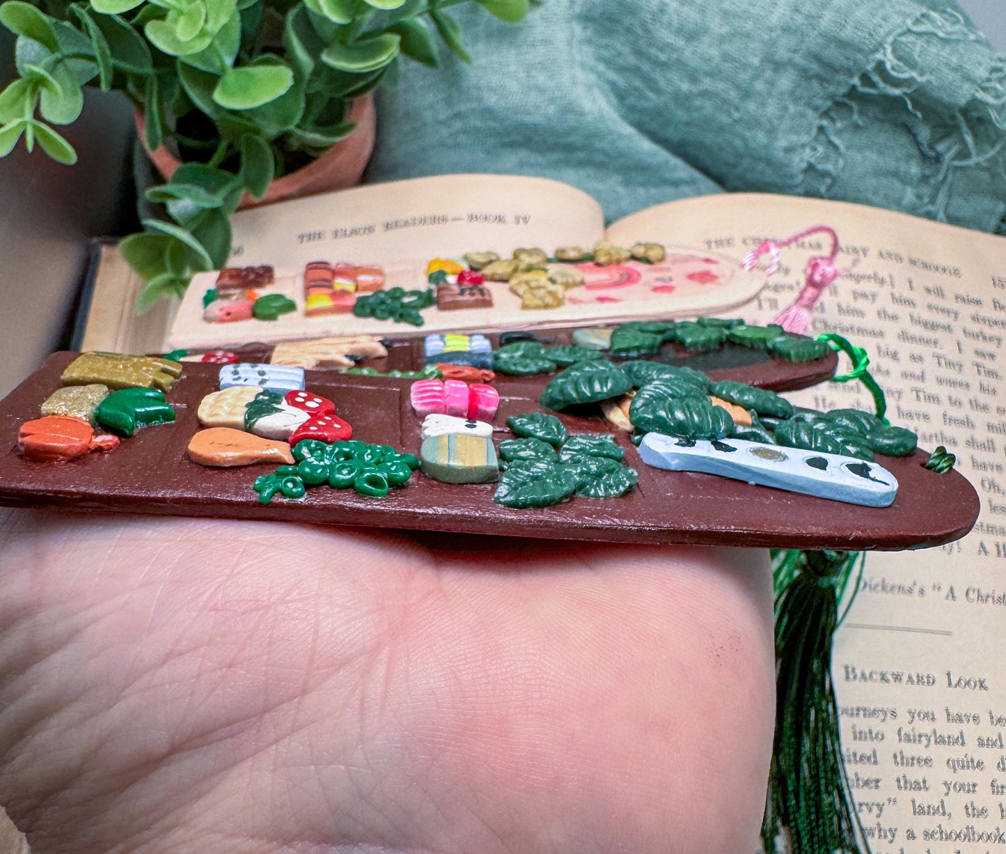 Polymer Clay Bookshelf Bookmark, book lover gift,  book accessories, handmade  reader gift, plant bookmark