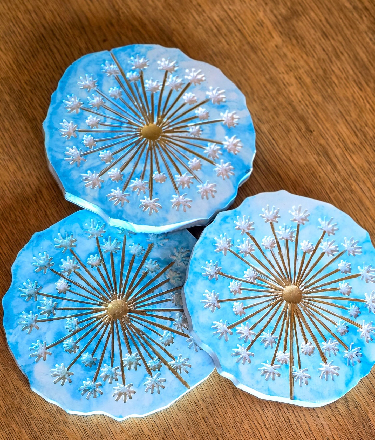 Dandelion cement Coaster Set, Blue and white coaster decor, hot or cold beverage coasters