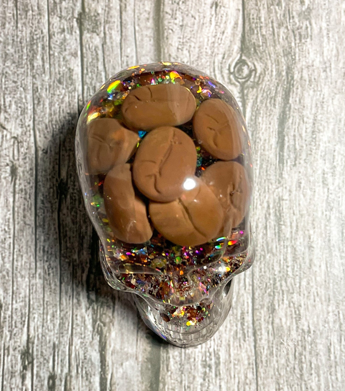 Steampunk Resin Skull with Coffee Bean Brains,  Quirky Desk Paperweight