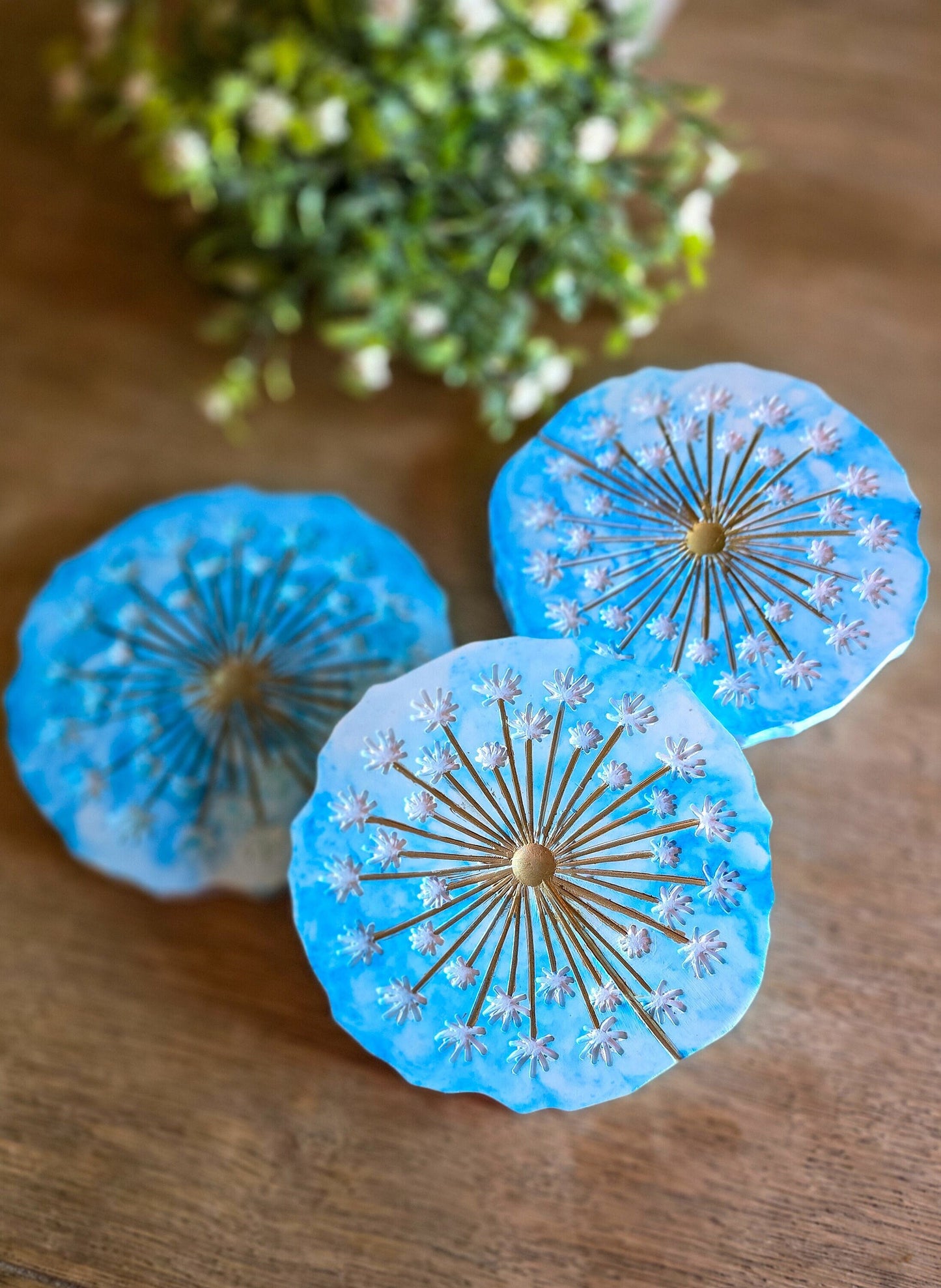 Dandelion cement Coaster Set, Blue and white coaster decor, hot or cold beverage coasters