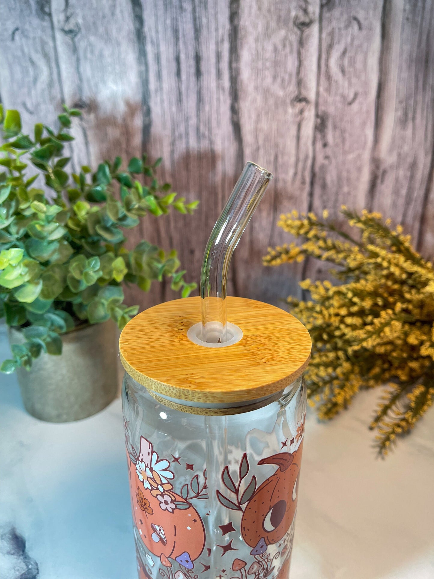 Fall 16 ounce glass with bamboo lid and glass straw