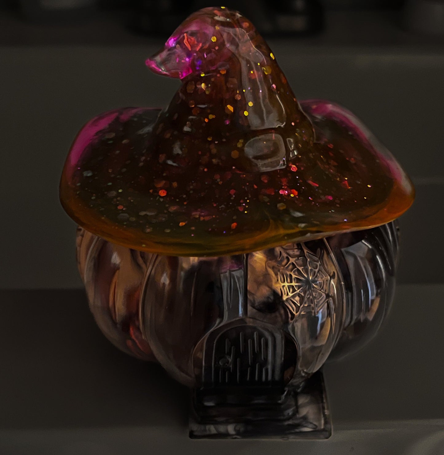 Light up Pumpkin Jar with witches hat, Halloween decoration, trinket jar, candy bowl