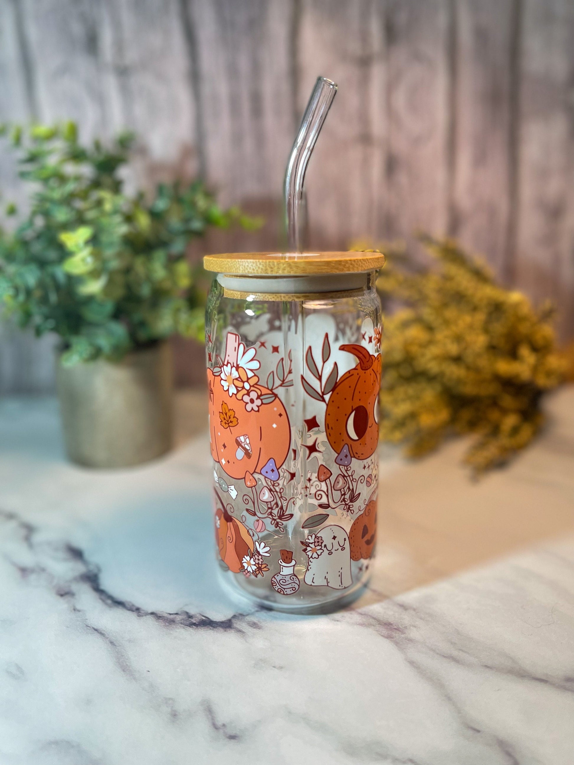 Fall Halloween Glass Tumbler with Bamboo Lid and Glass Straw