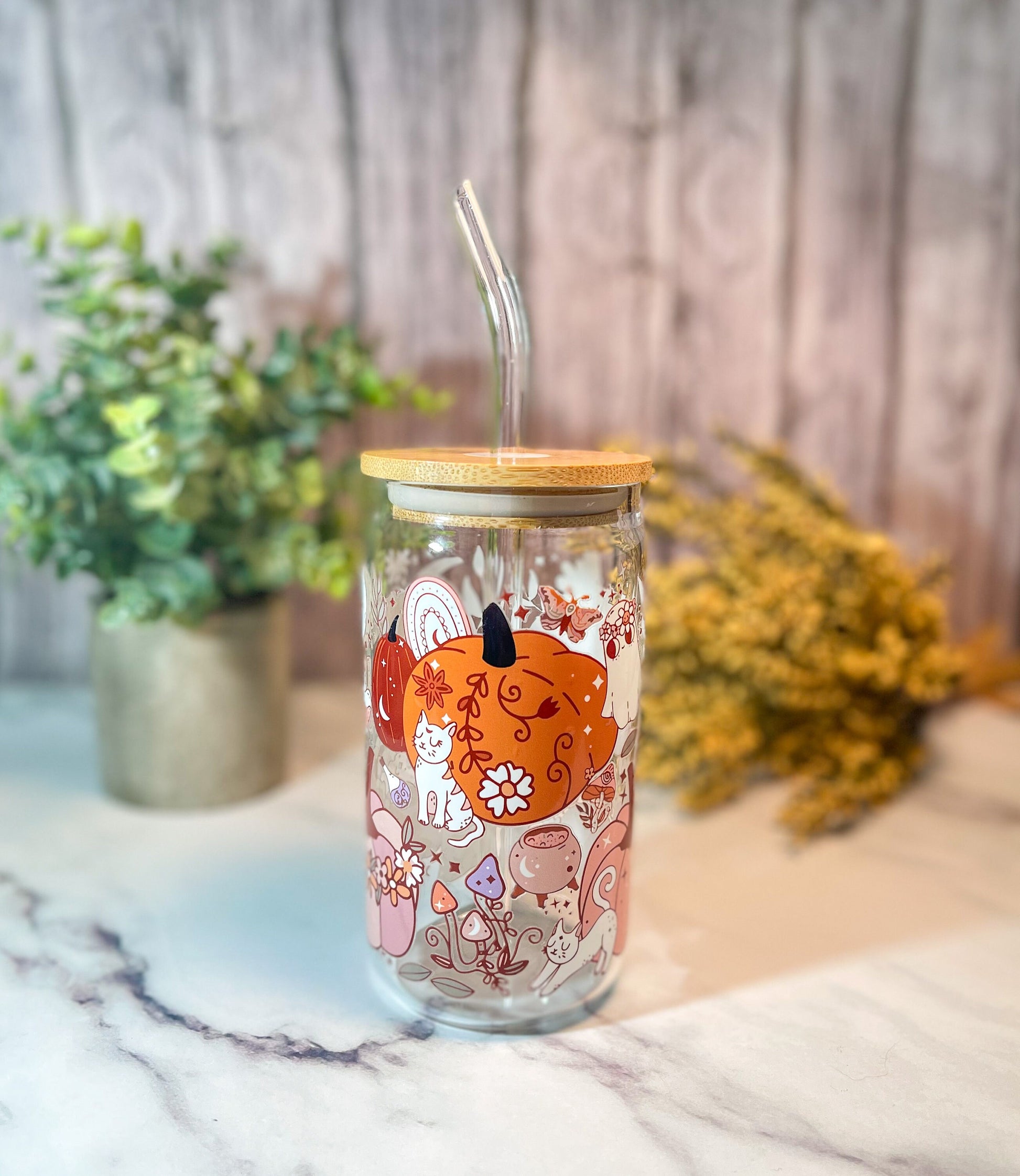 Fall Halloween Glass Tumbler with Bamboo Lid and Glass Straw