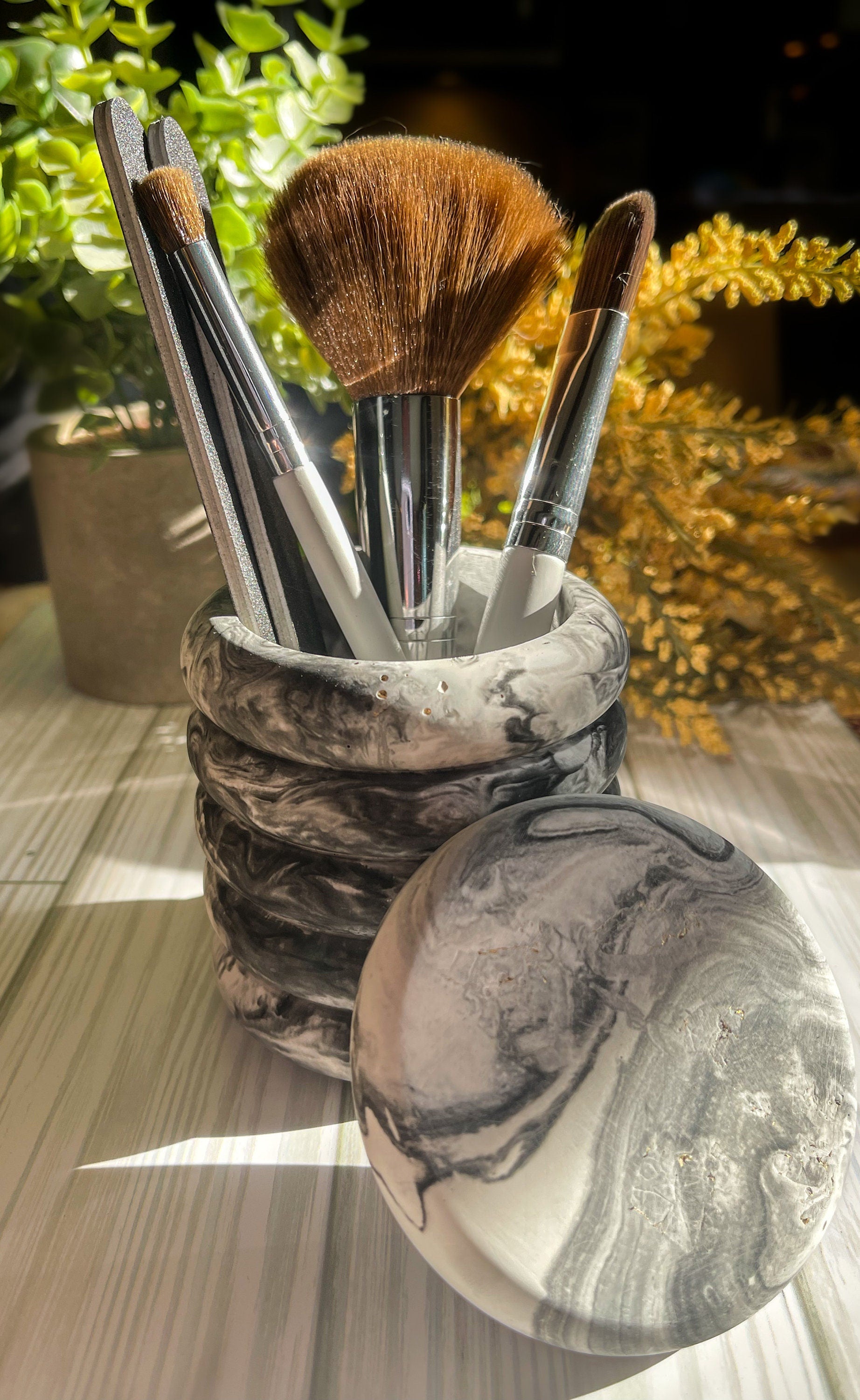 Modern Marbled Cement Jars, Makeup Brush Holder, Succulent Planter, Black & White Decor