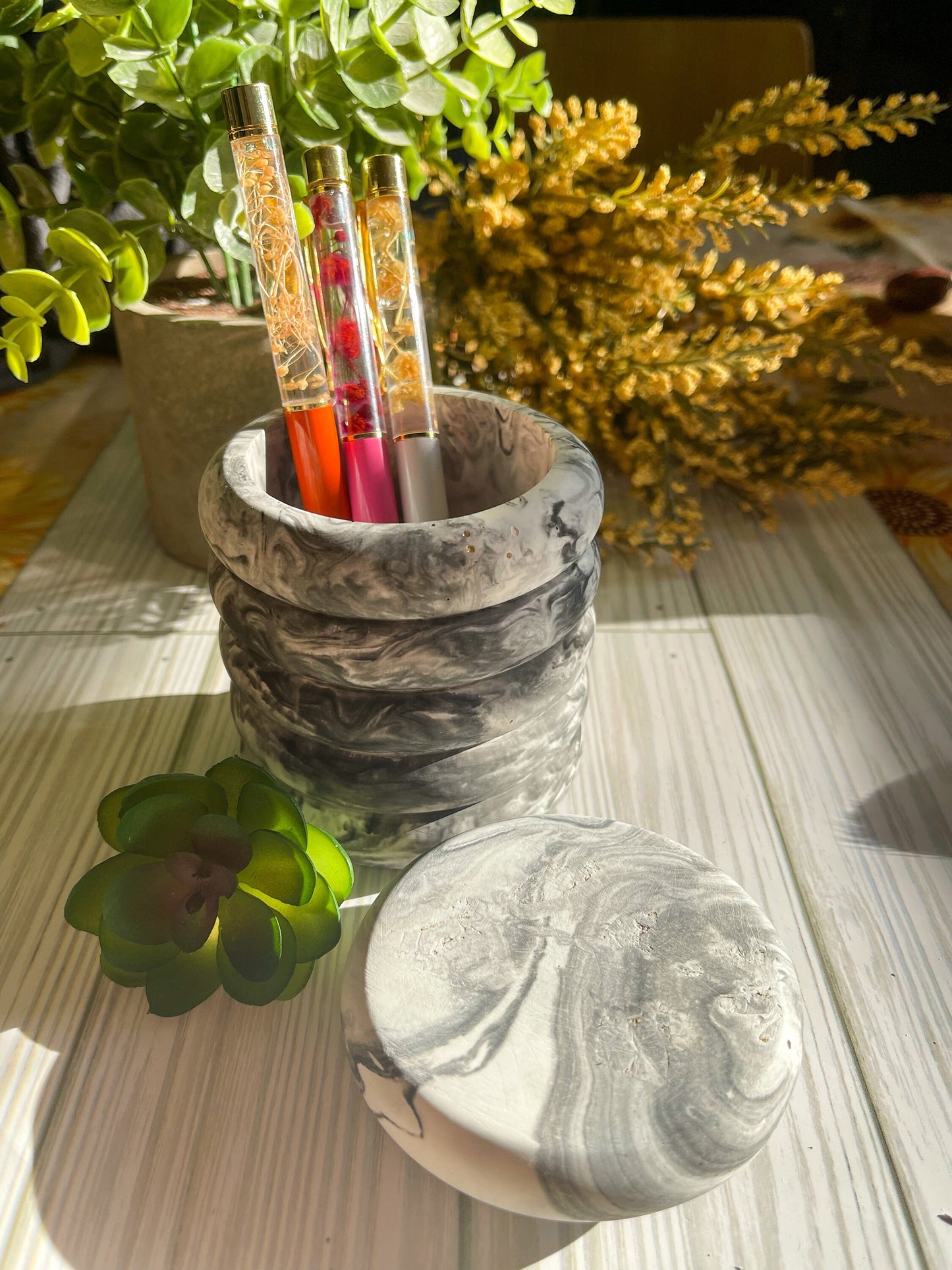 Modern Marbled Cement Jars, Makeup Brush Holder, Succulent Planter, Black & White Decor
