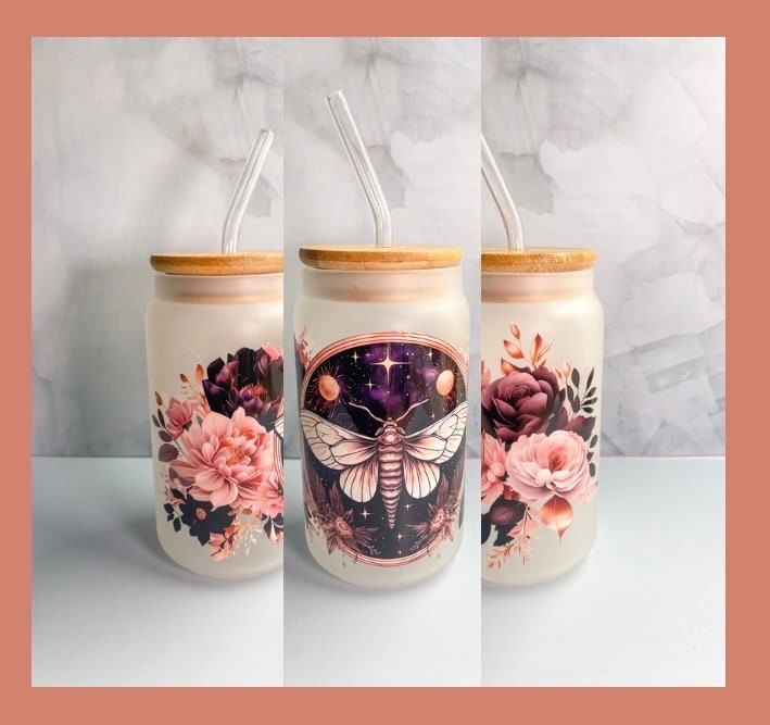 Luna Moth Frosted Glass Cup with Bamboo Lid & Glass Straw