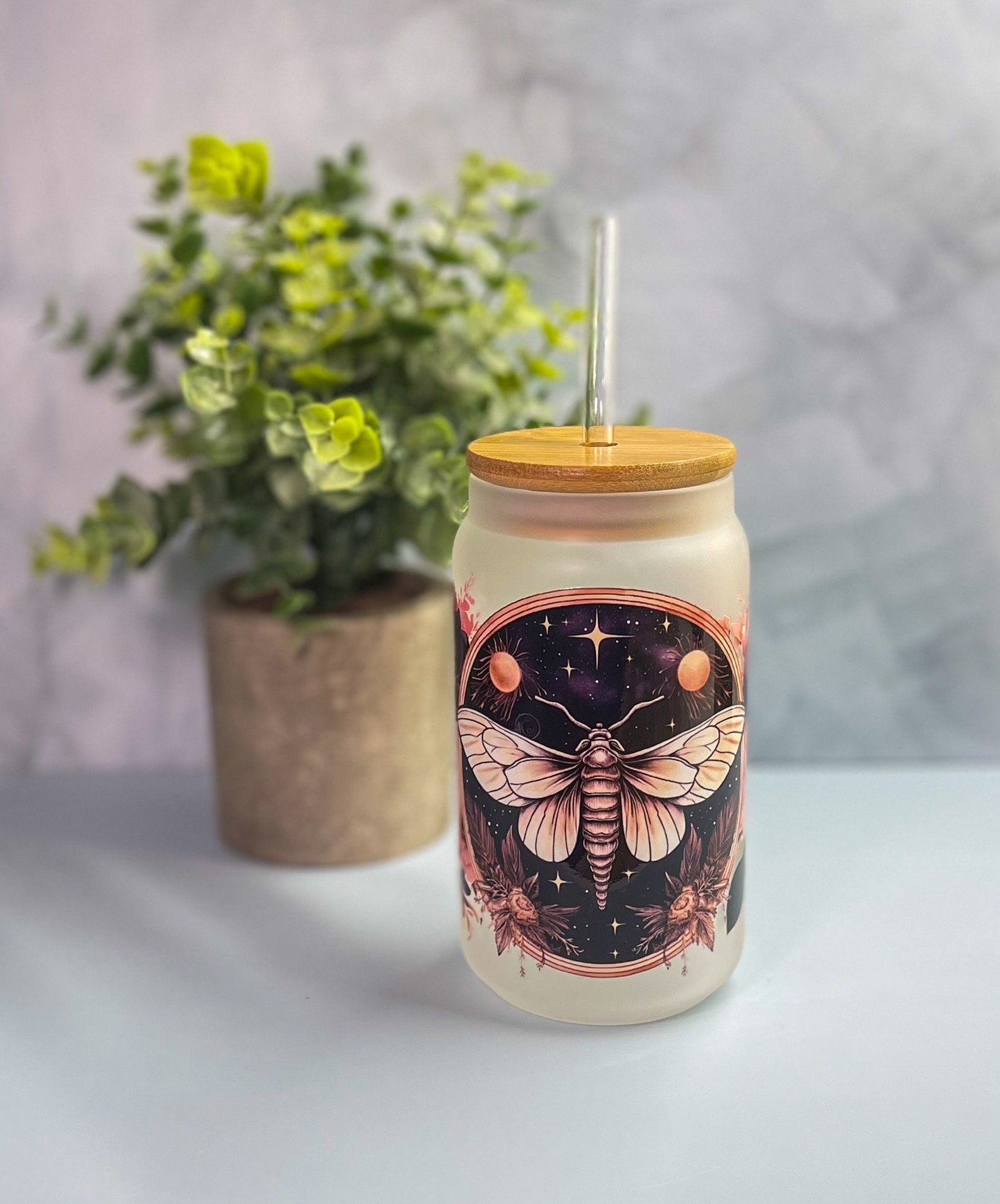 Luna Moth Frosted Glass Cup with Bamboo Lid & Glass Straw