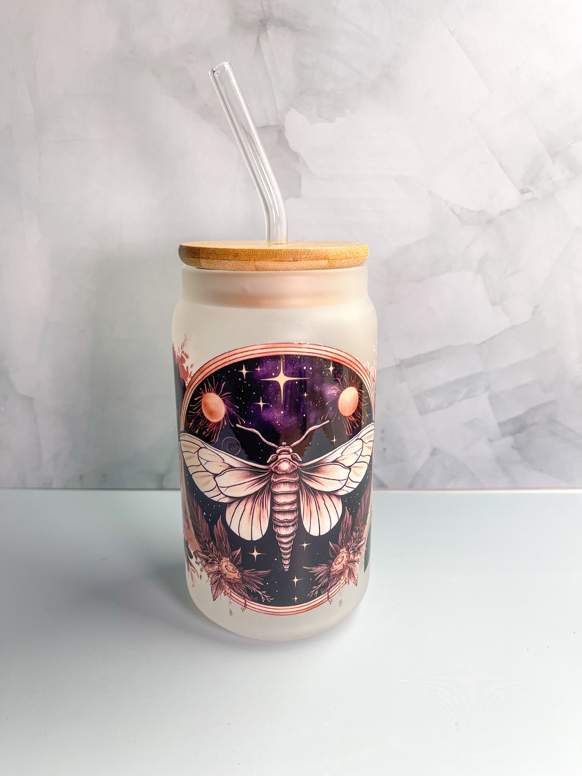 Luna Moth Frosted Glass Cup with Bamboo Lid & Glass Straw