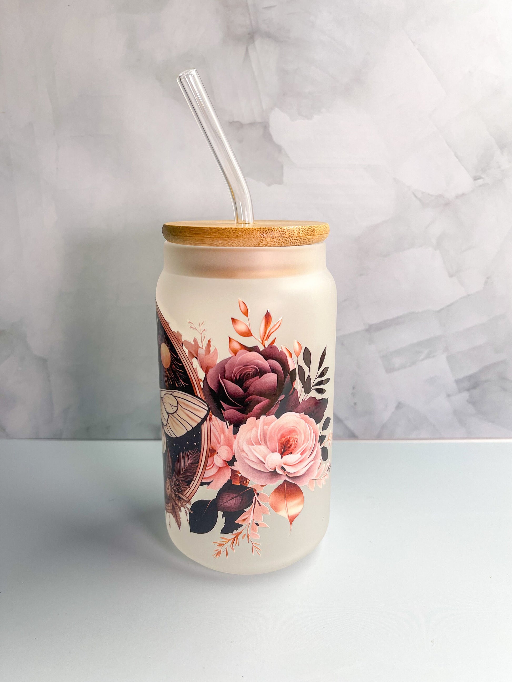 Luna Moth Frosted Glass Cup with Bamboo Lid & Glass Straw