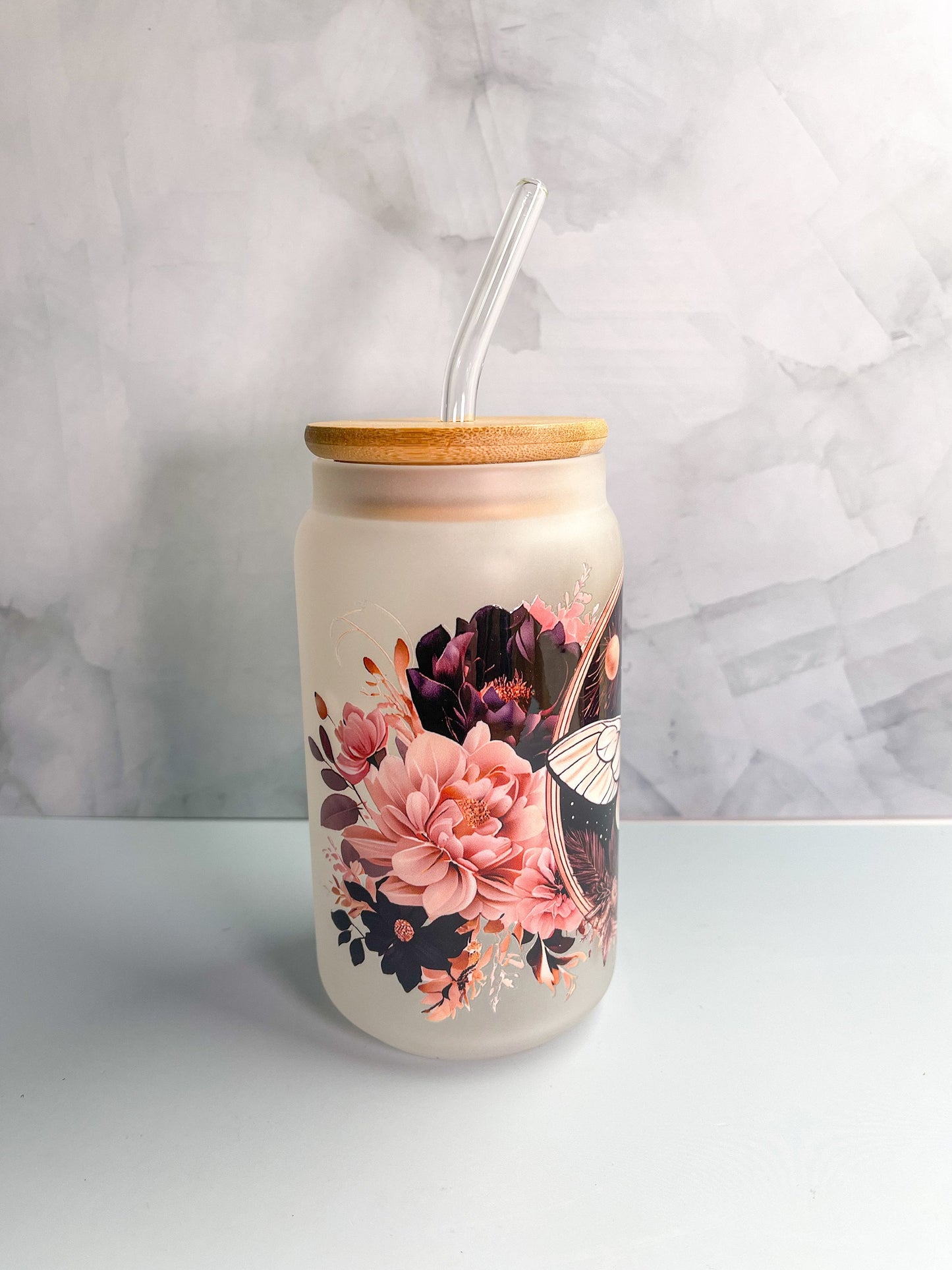 Luna Moth Frosted Glass Cup with Bamboo Lid & Glass Straw
