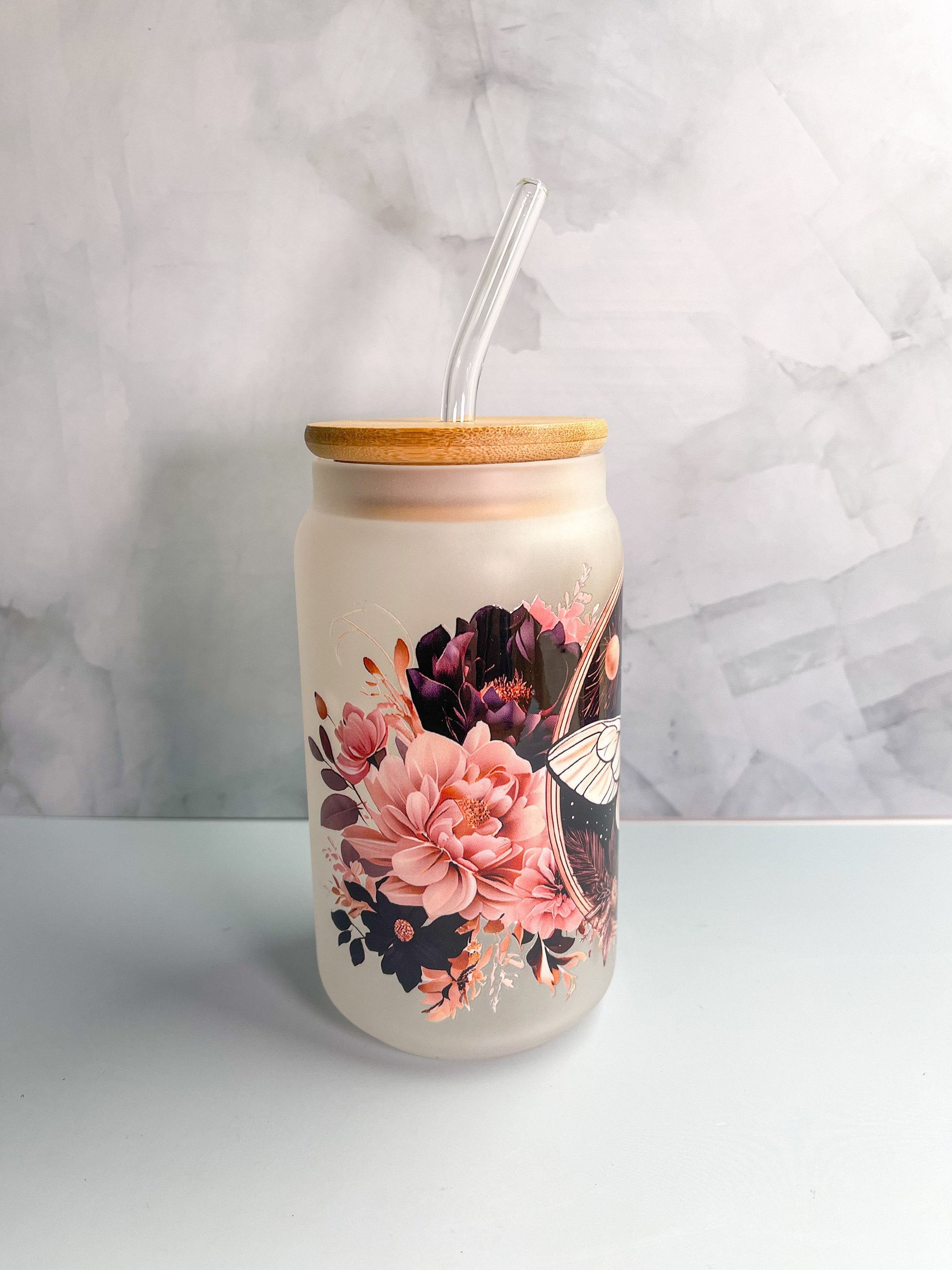 Luna Moth Frosted Glass Cup with Bamboo Lid & Glass Straw