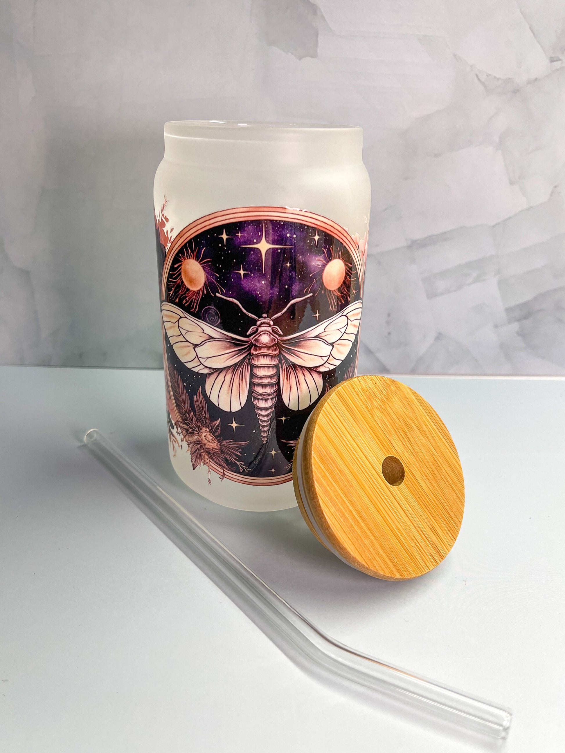Luna Moth Frosted Glass Cup with Bamboo Lid & Glass Straw