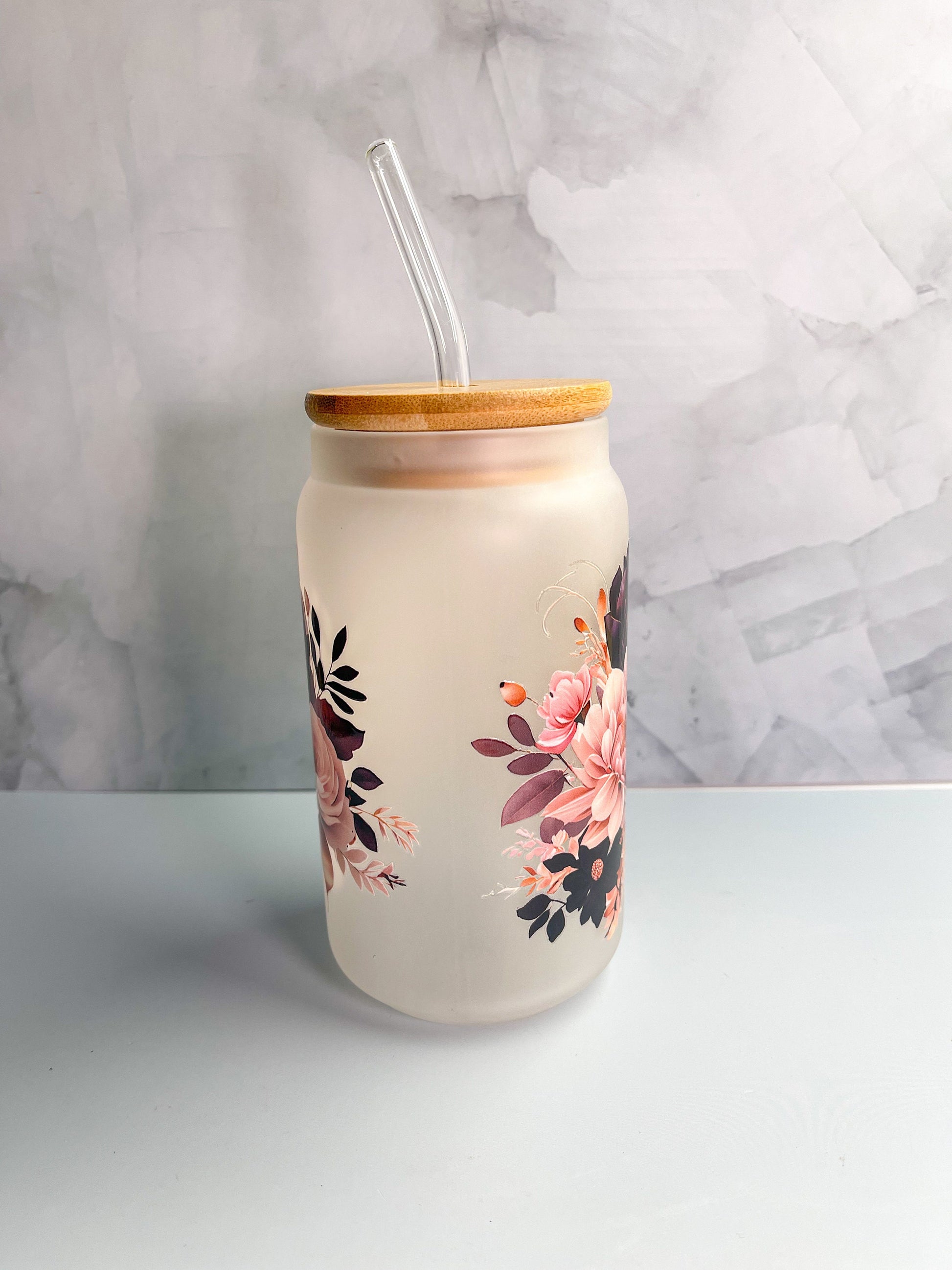 Luna Moth Frosted Glass Cup with Bamboo Lid & Glass Straw