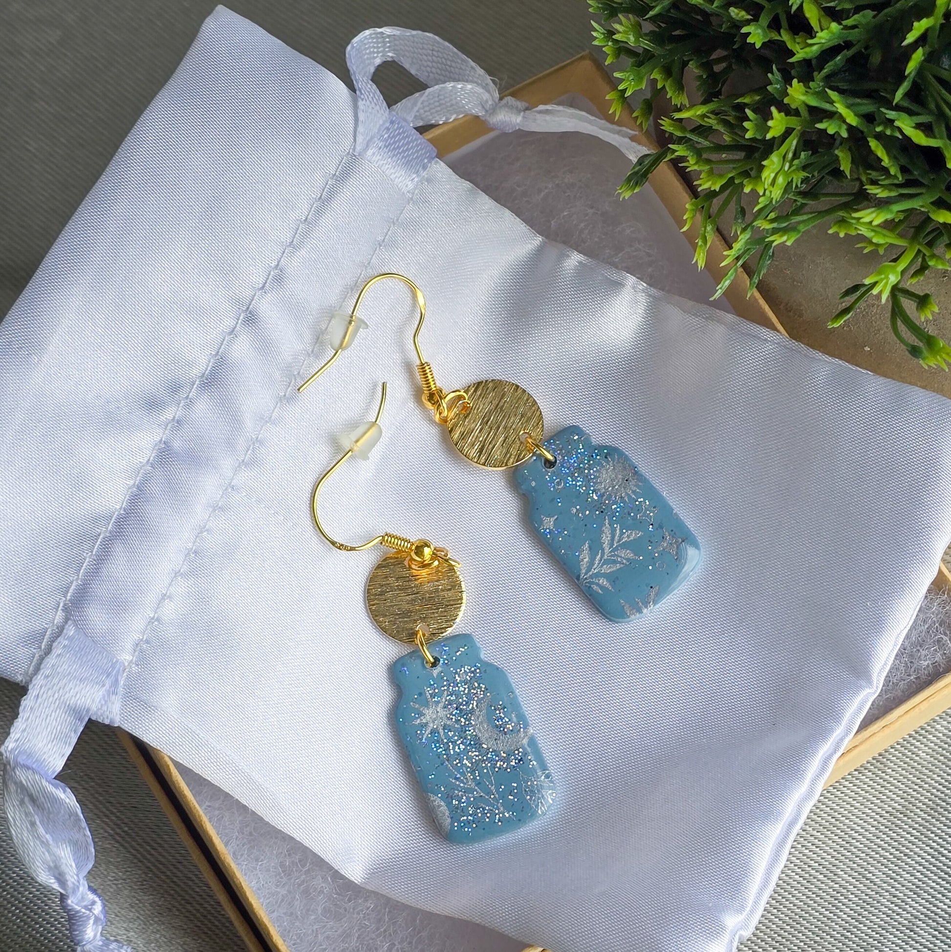 Gold Polymer Clay Moon & Star Dangle earrings, hypoallergenic, dressy or casual jewelry
