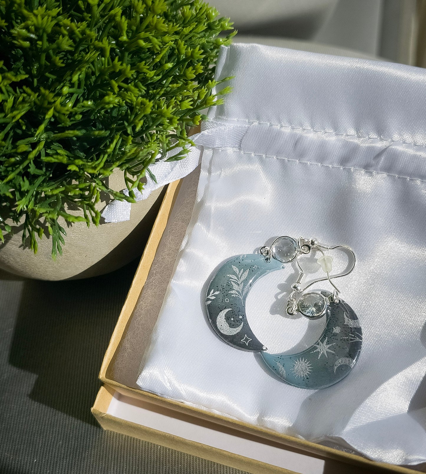 Crescent Moon Dangle earrings, Polymer Clay, Moon and stars, dressy or casual jewelry