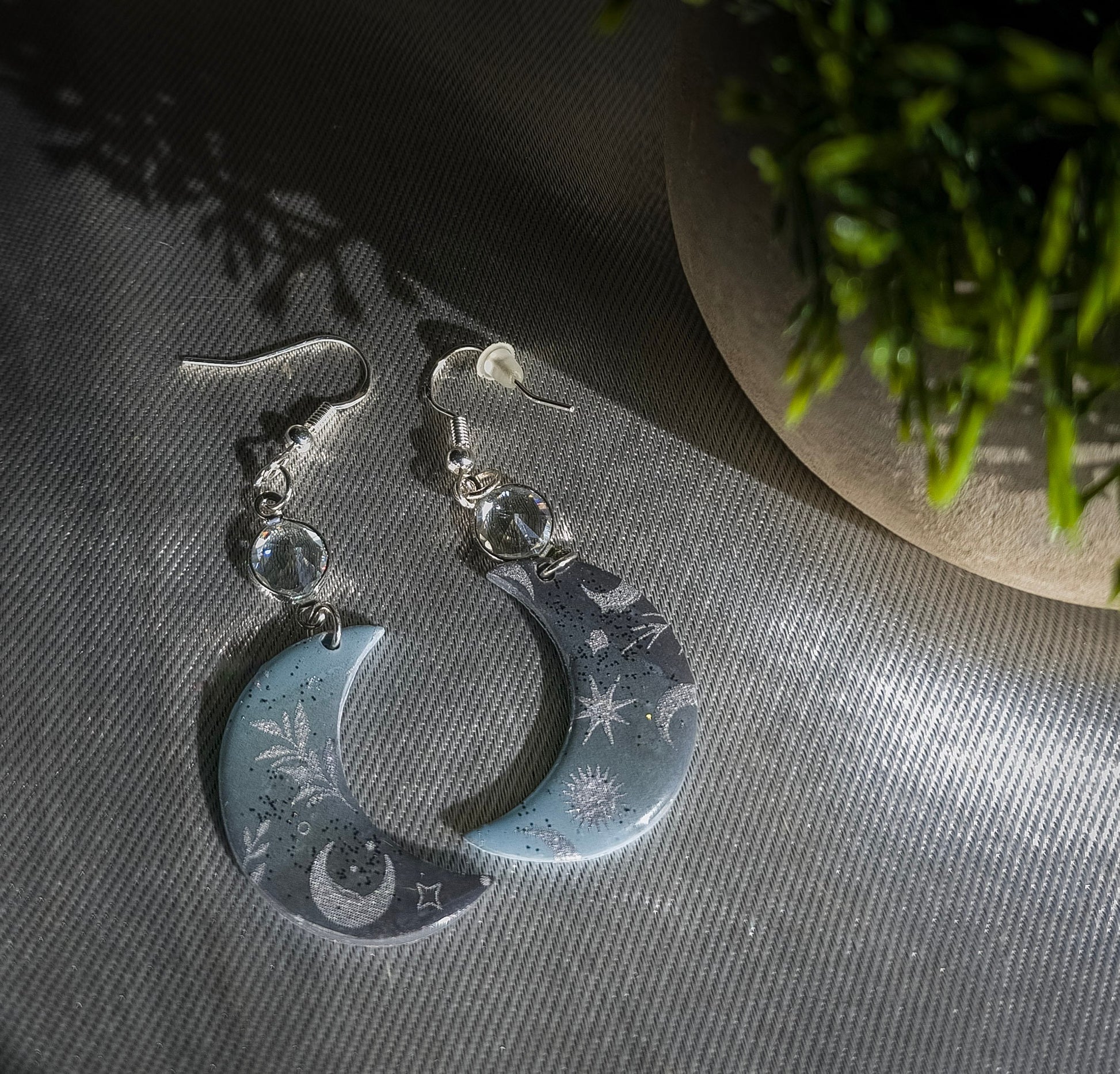 Crescent Moon Dangle earrings, Polymer Clay, Moon and stars, dressy or casual jewelry
