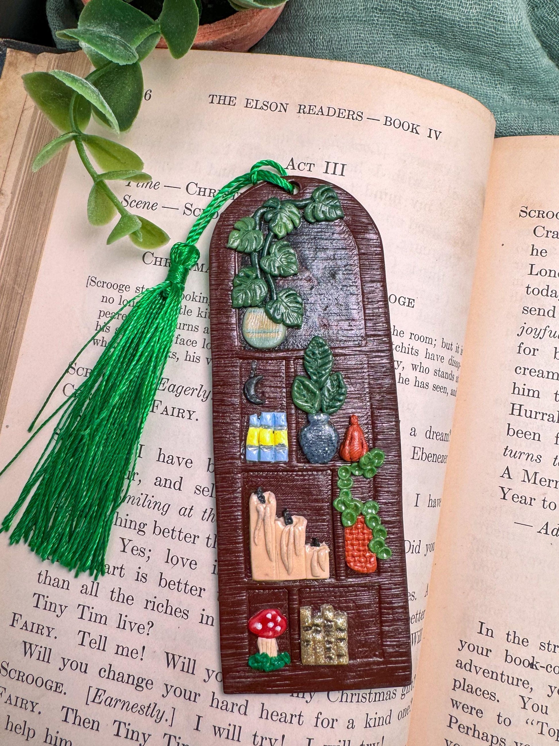 Handmade Polymer Clay Bookshelf Bookmark, Plant Decor
