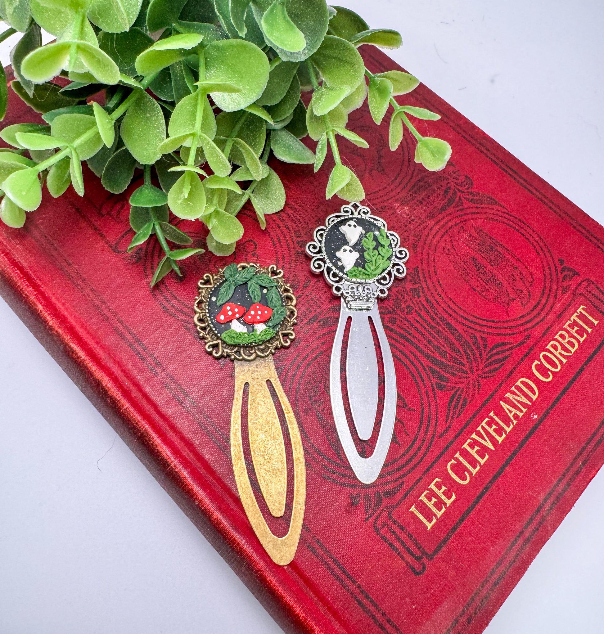 Handmade Polymer Clay Mushroom Metal Bookmark, Unique Reader Gift