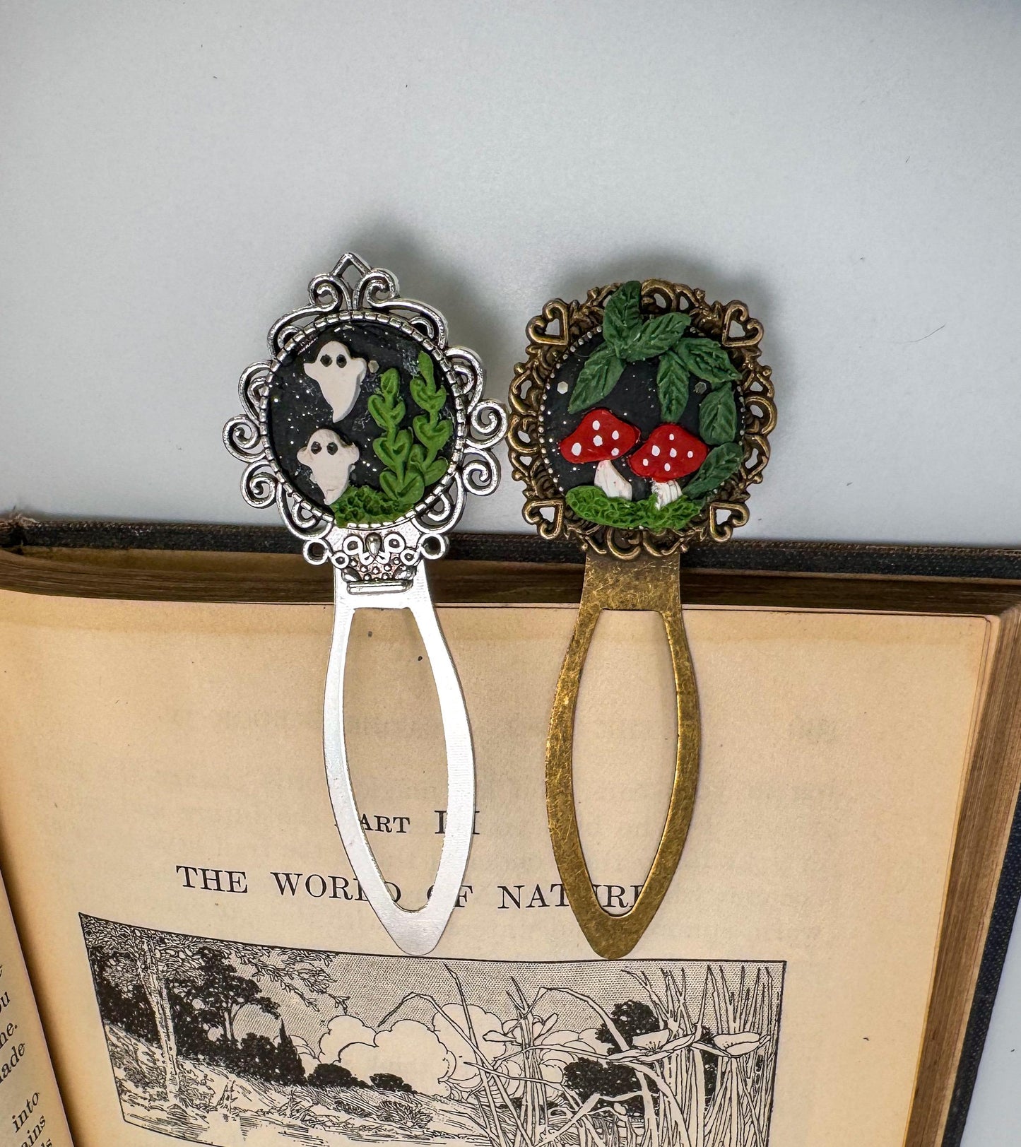 Handmade Polymer Clay Mushroom Metal Bookmark, Unique Reader Gift