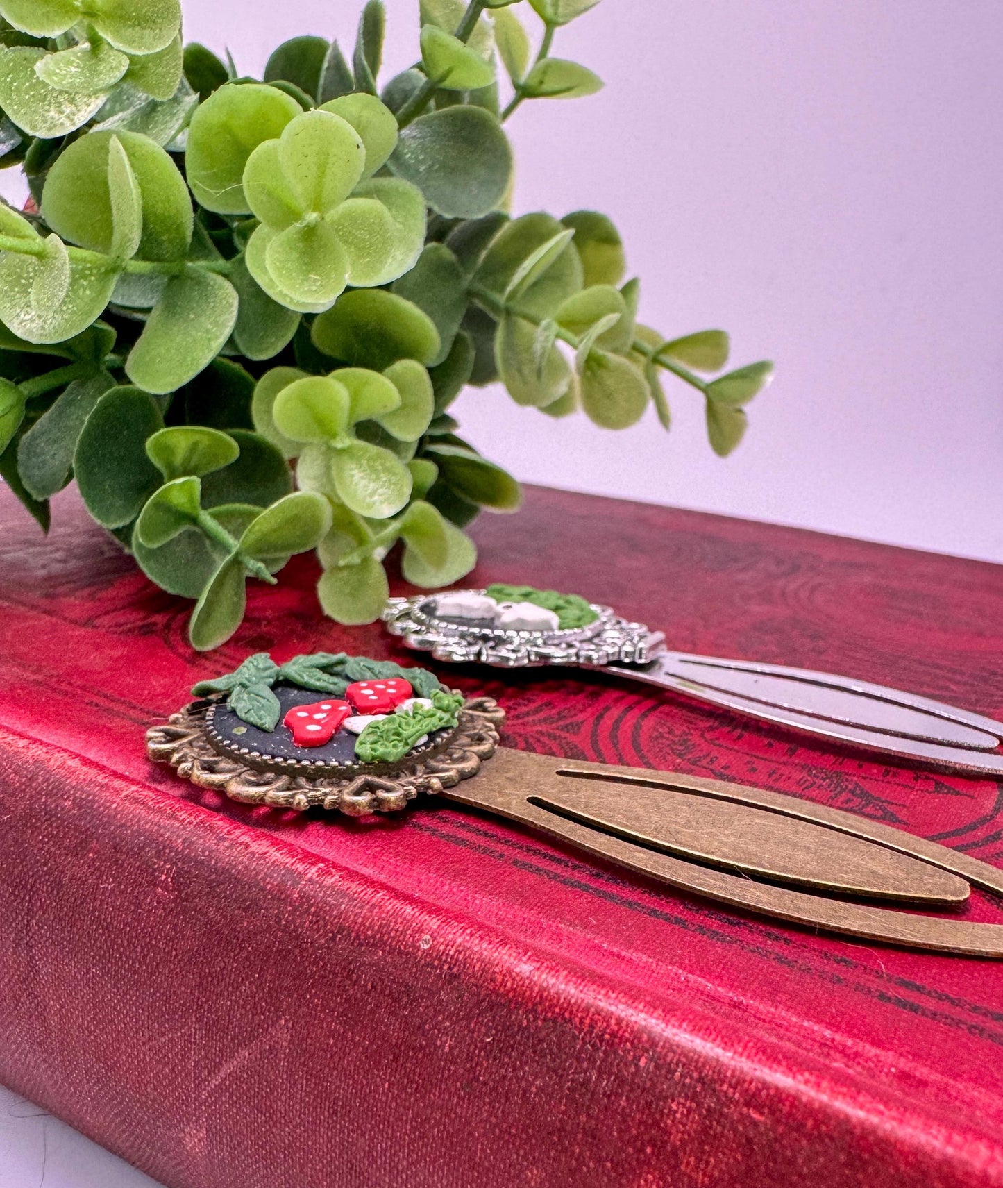 Handmade Polymer Clay Mushroom Metal Bookmark, Unique Reader Gift