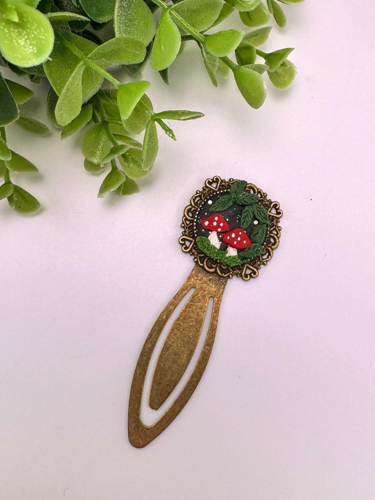 Handmade Polymer Clay Mushroom Metal Bookmark, Unique Reader Gift