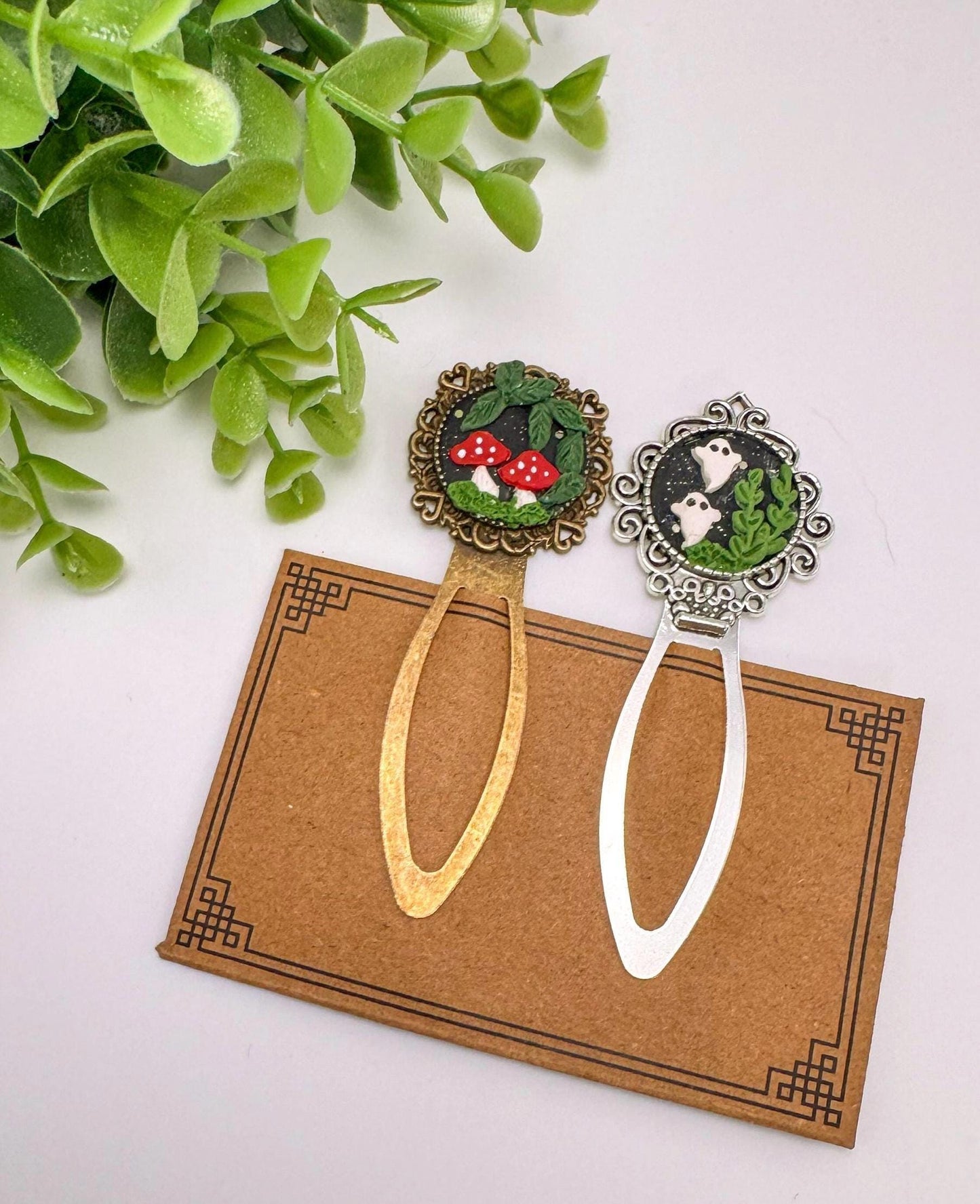 Handmade Polymer Clay Mushroom Metal Bookmark, Unique Reader Gift