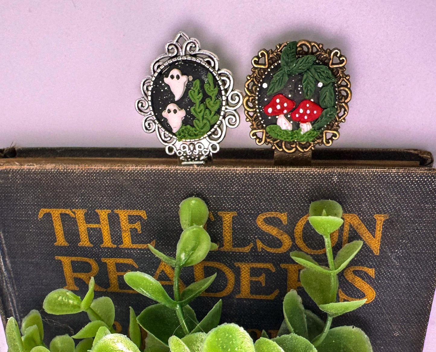Handmade Polymer Clay Mushroom Metal Bookmark, Unique Reader Gift