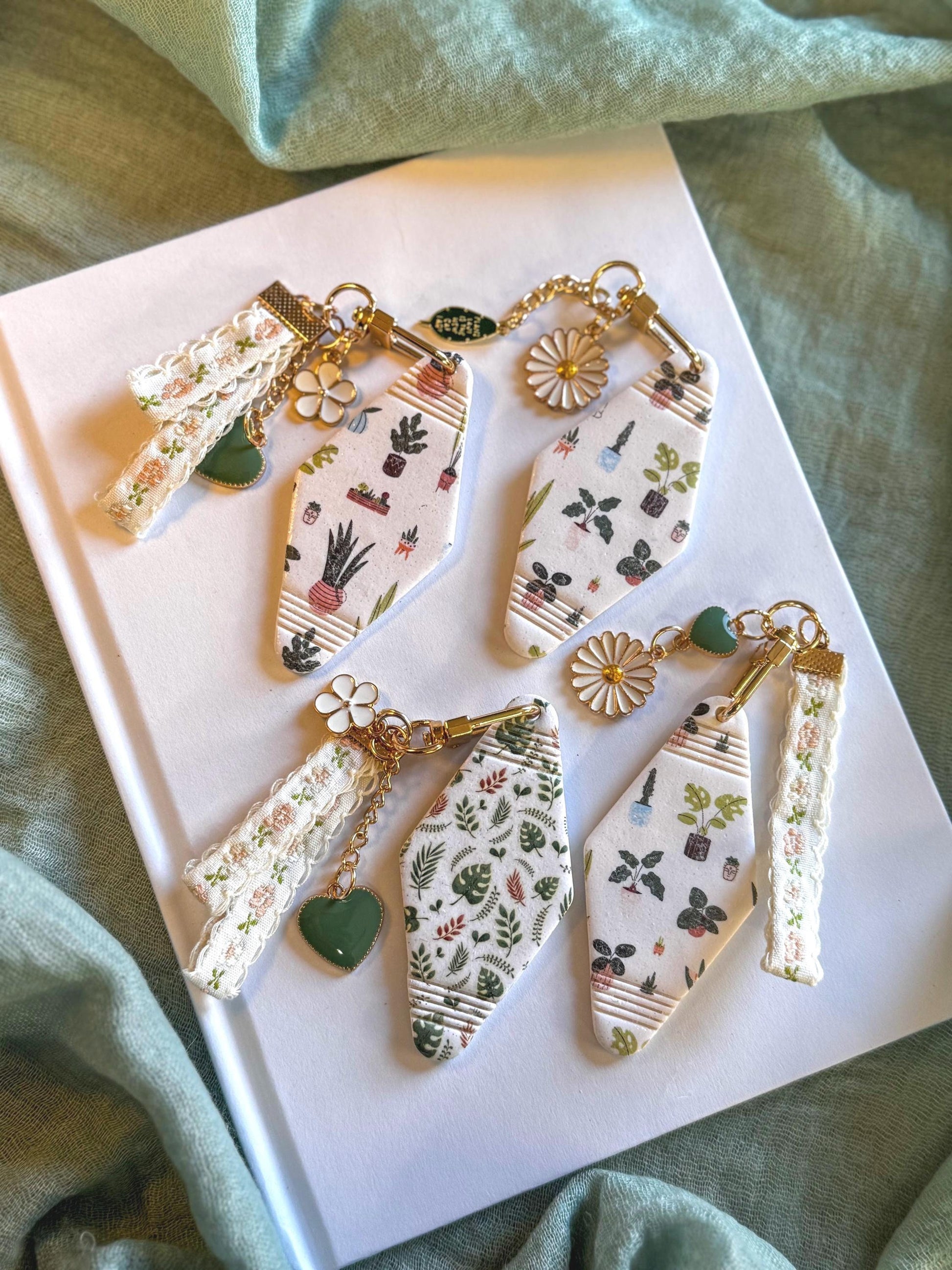 Polymer Clay Motel Keychain, Plant & Heart Accents