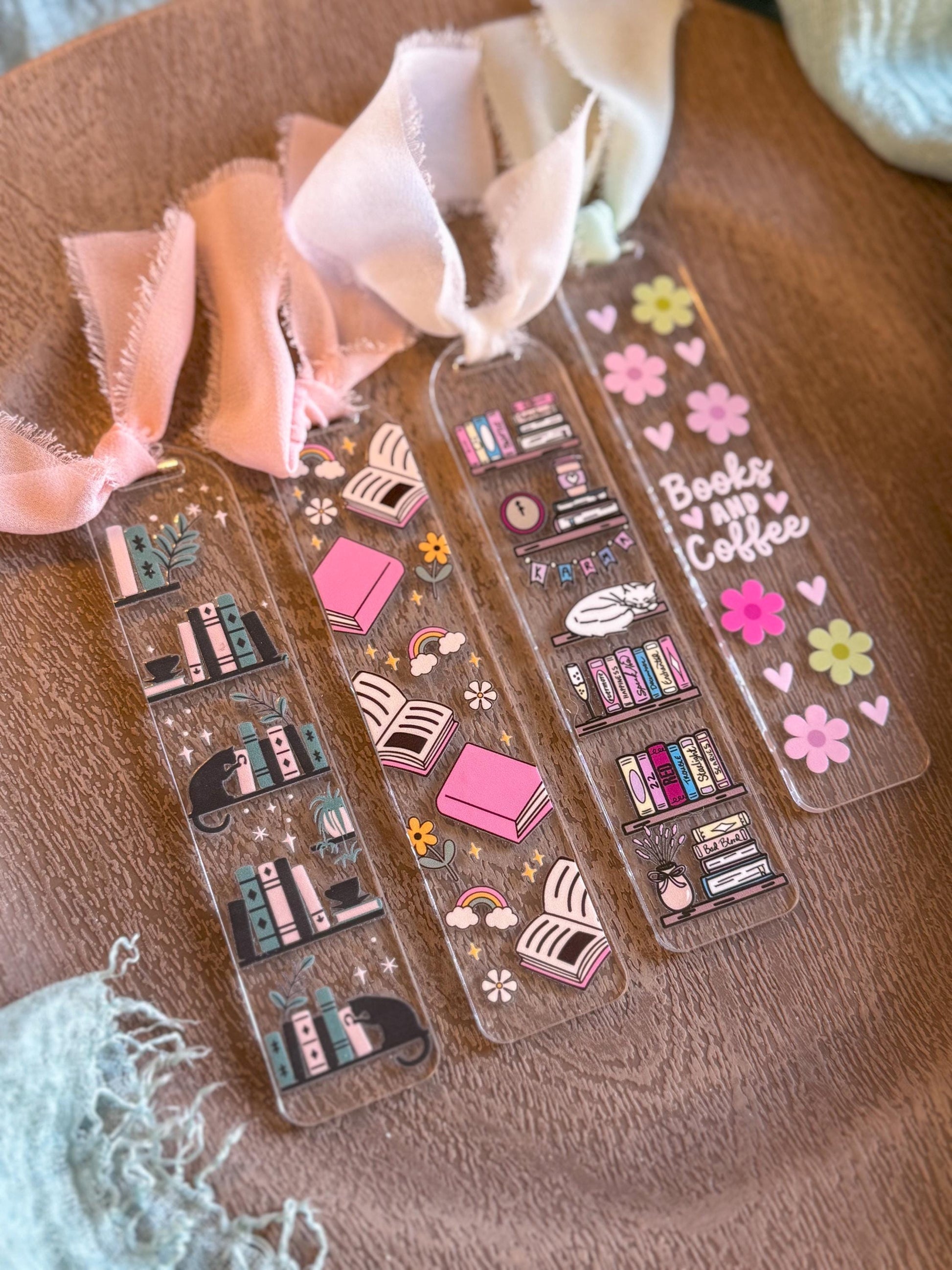 Acrylic Bookmark with Cats, Flowers and Books, Handmade Reader Gift