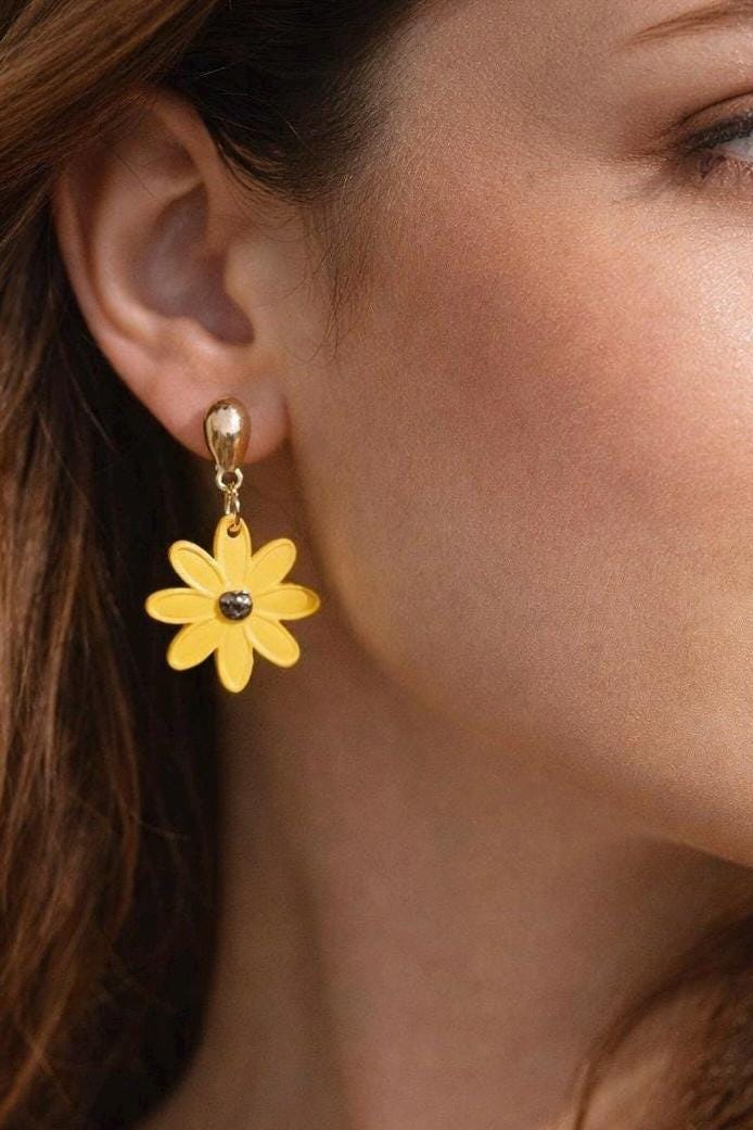 Yellow Daisy earrings, Polymer Clay Earrings, Dangle gold earrings , dressy or casual jewelry