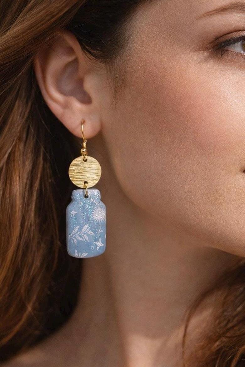 Gold Polymer Clay Moon & Star Dangle earrings, hypoallergenic, dressy or casual jewelry