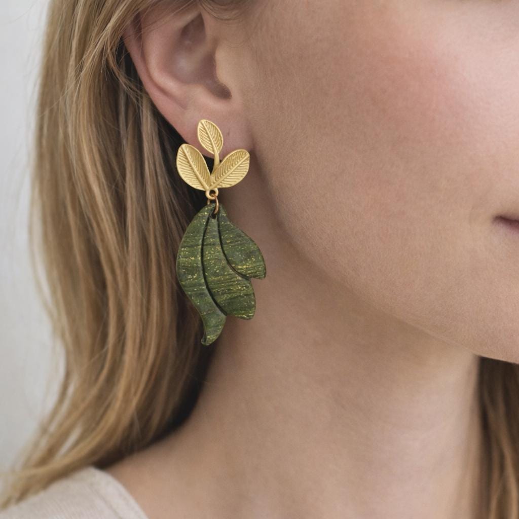 Polymer Clay dangle earrings, Green and brushed gold, dressy or casual jewelry