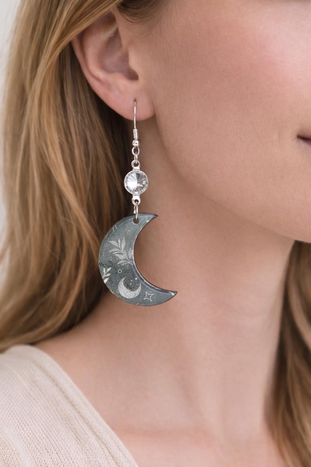 Crescent Moon Dangle earrings, Polymer Clay, Moon and stars, dressy or casual jewelry