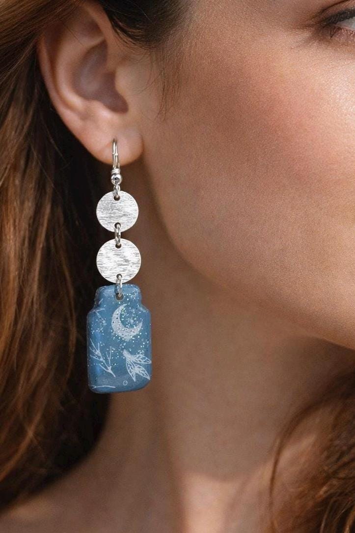 Silver Polymer Clay Moon & Star Dangle earrings, hypoallergenic, dressy or casual jewelry