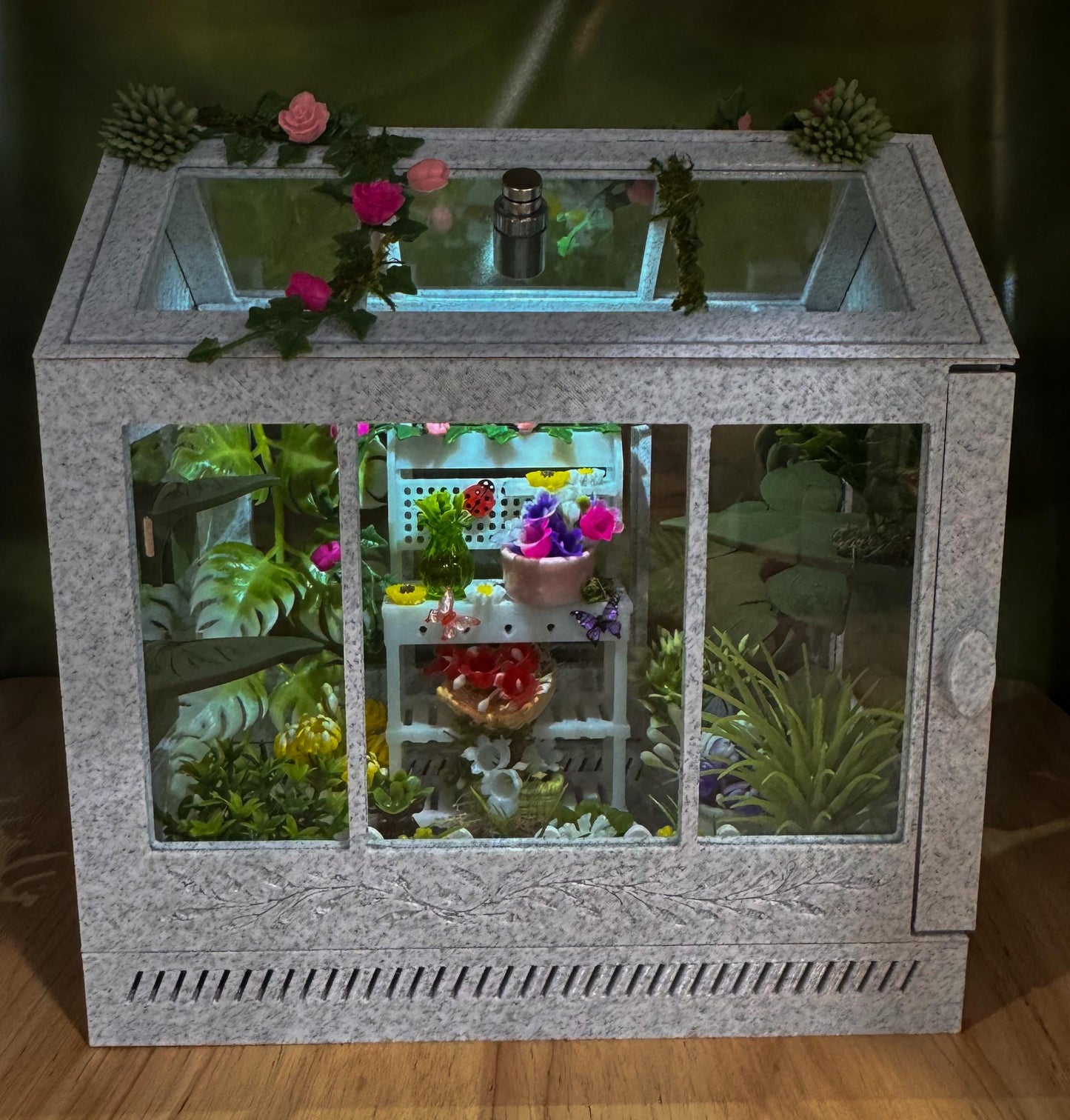 Decorated Greenhouse Jumping Spider Enclosure, Magnetic Front and top opening - Black Marble