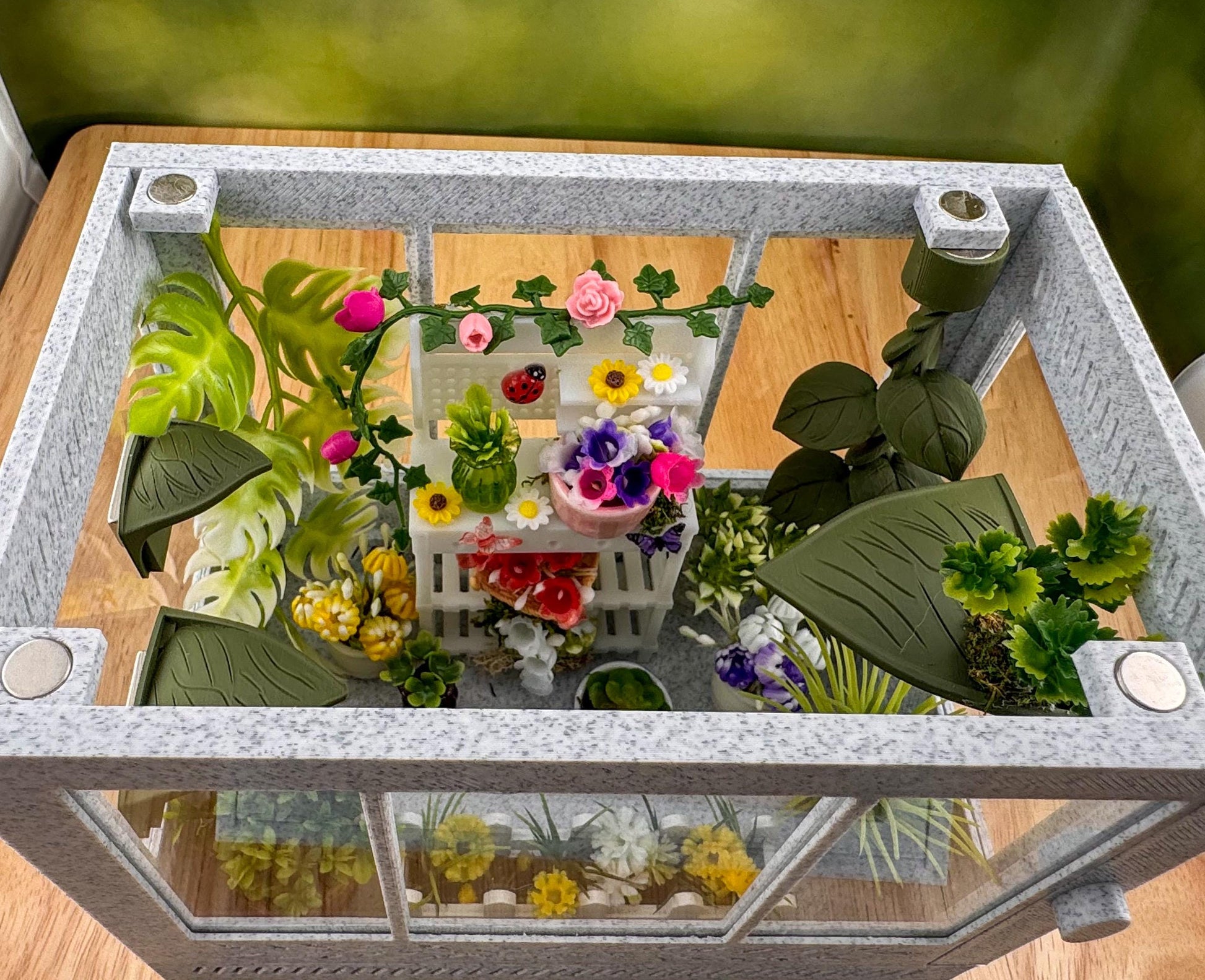Decorated Greenhouse Jumping Spider Enclosure, Magnetic Front and top opening - Black Marble