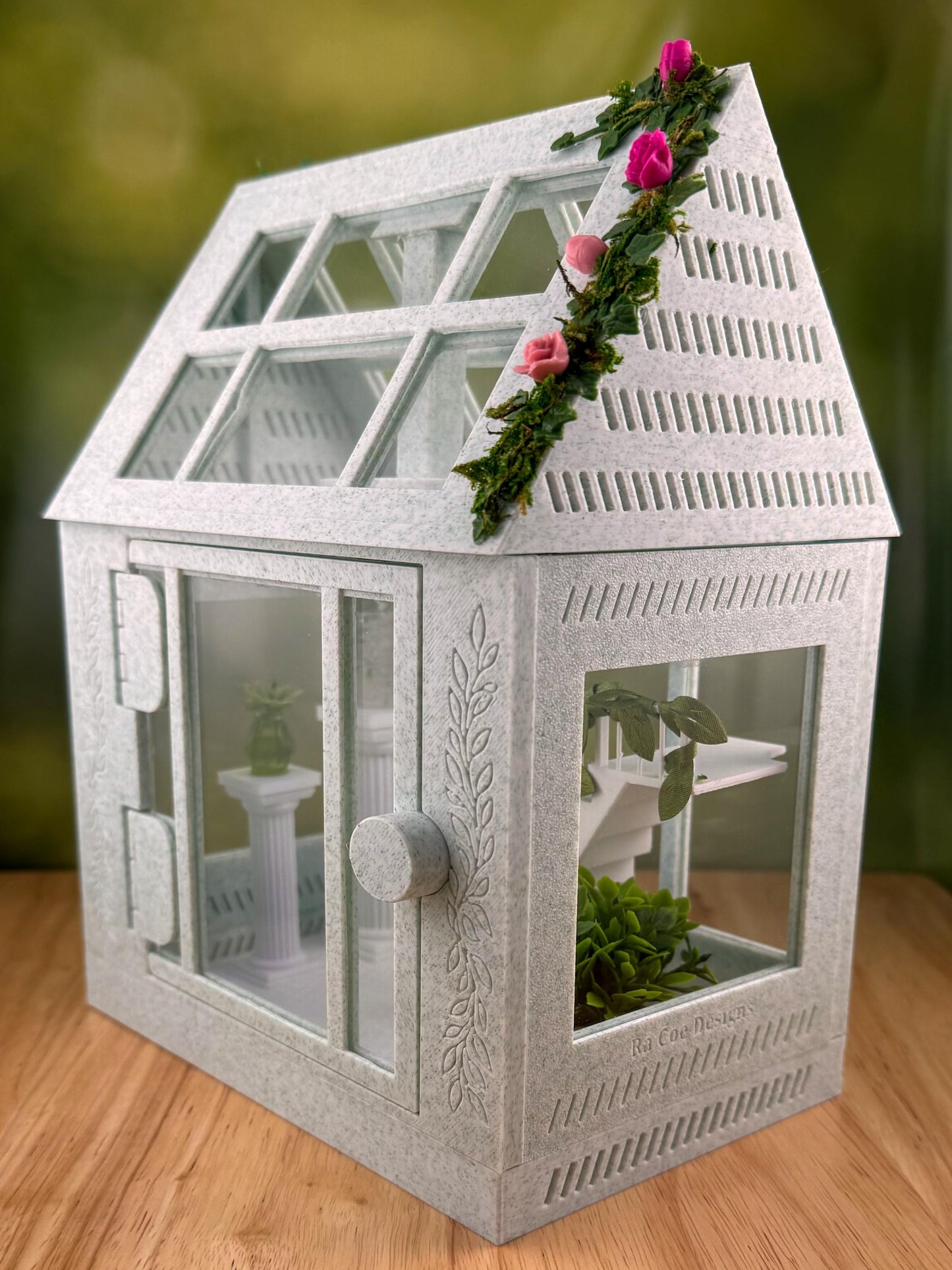 Decorated Greenhouse Jumping Spider Enclosure, Magnetic Front and top opening - Green Marble