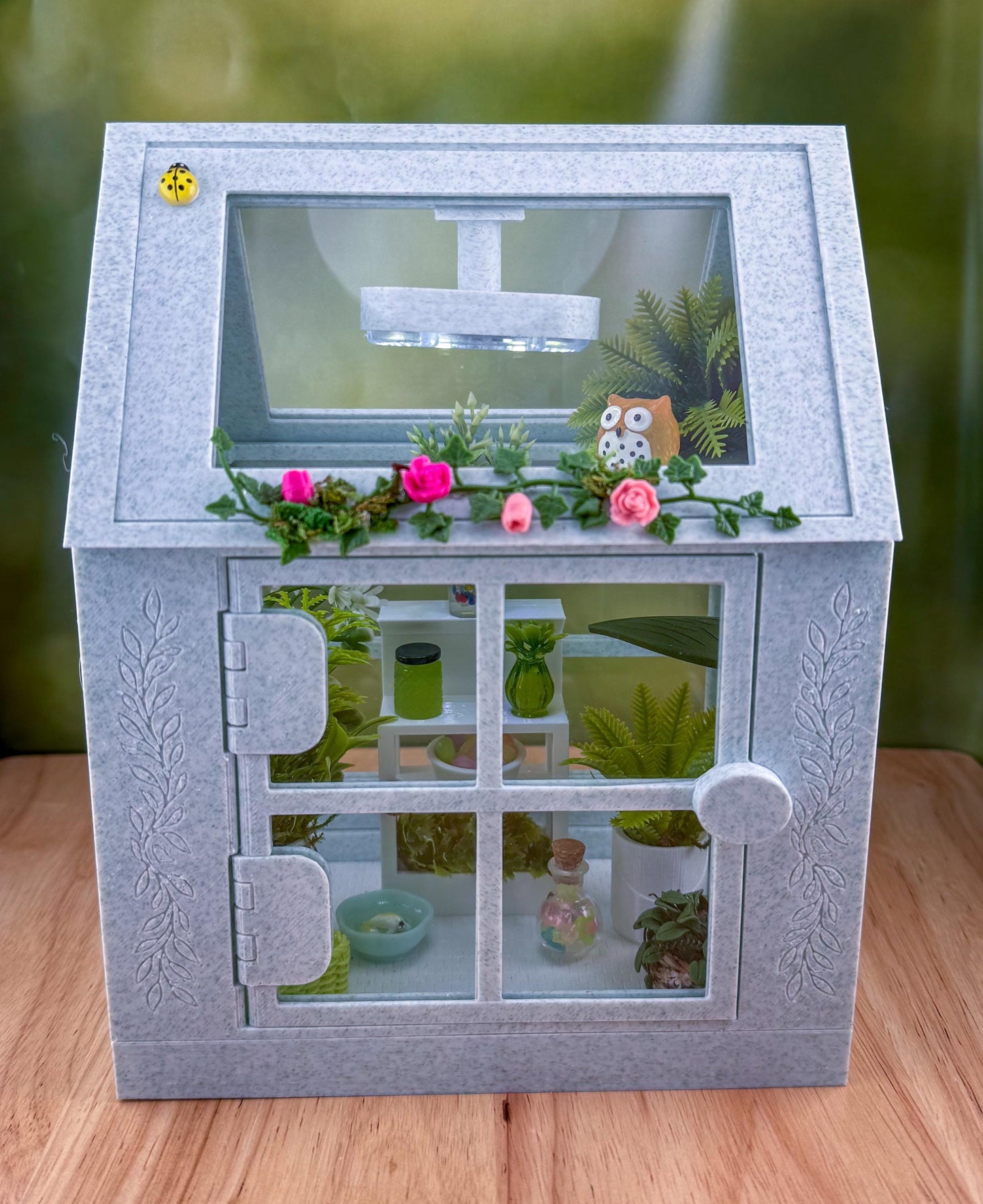 Decorated Jumping Spider greenhouse Enclosure, Magnetic Front and top opening - Green Marble