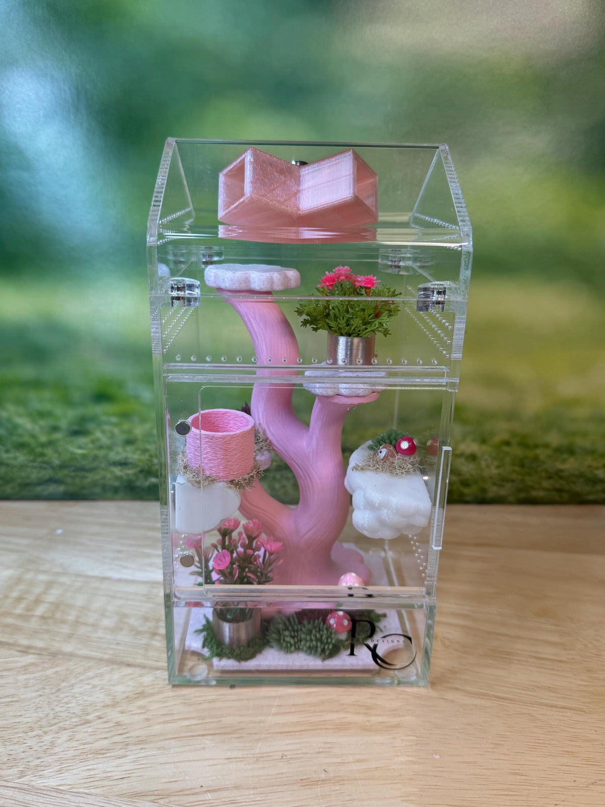 Decorated 4x4x8 Acrylic Jumping Spider Enclosure, Magnetic Top and Front Opening Habitat